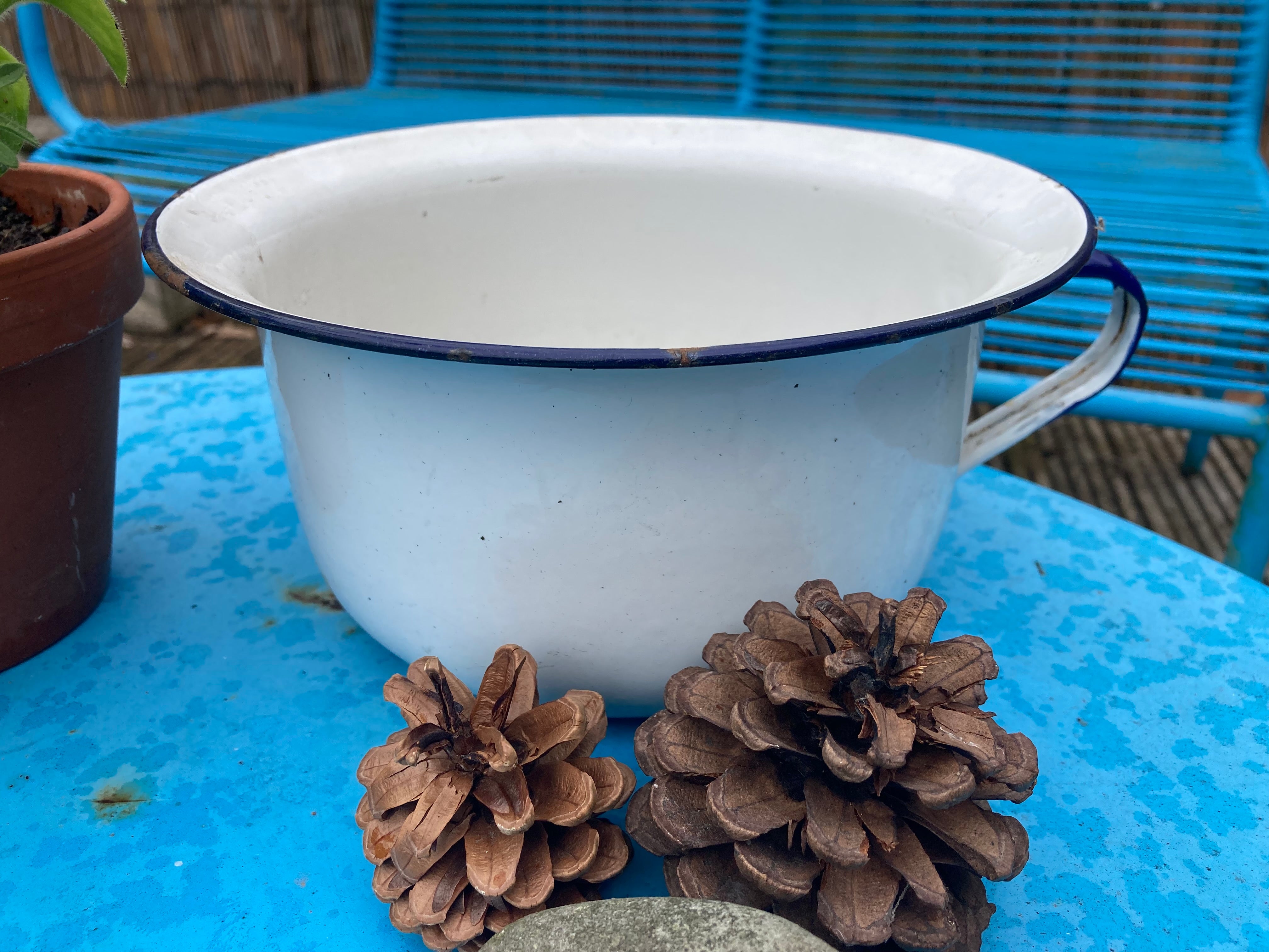 Vintage Enamel Chamber Pot … Quirky Planter Perhaps ?