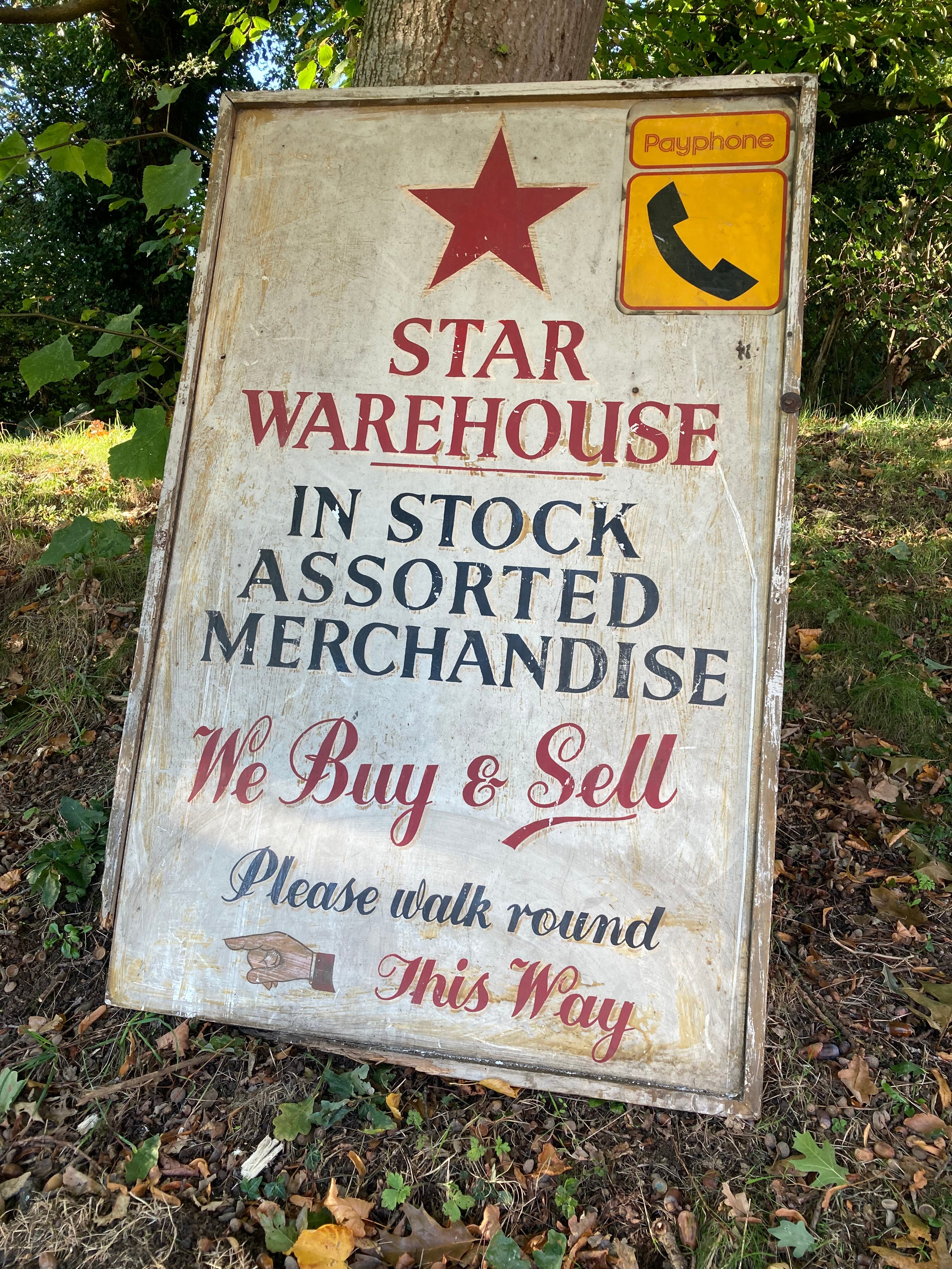 Reclaimed Large Wooden Antique Shop Sign Weathered & Worn Buy Sell Star Warehouse We Buy & Sell