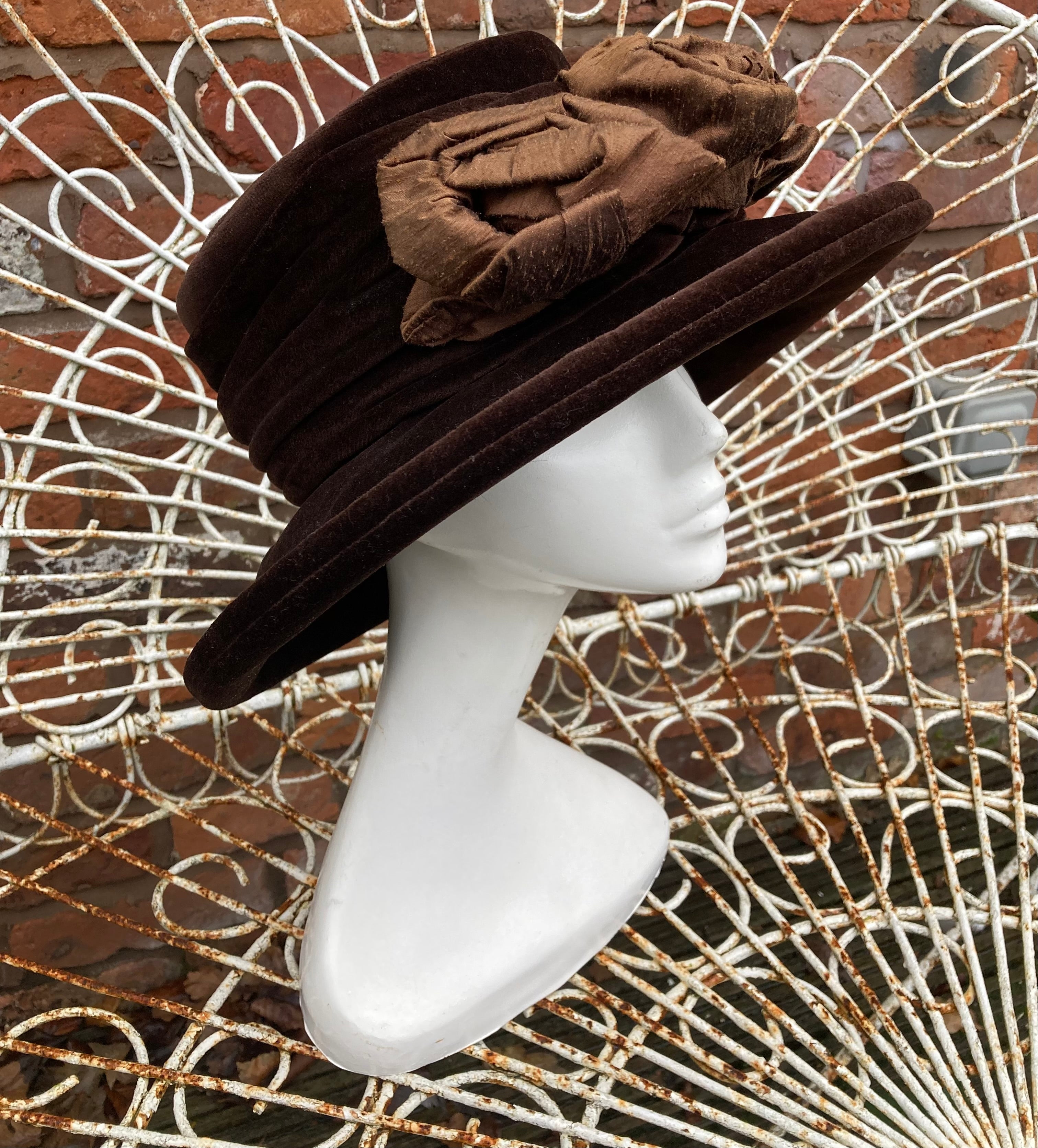 Unique Mad Hatters Millinery Brown Velvet with Silk Flowers Winter Hat