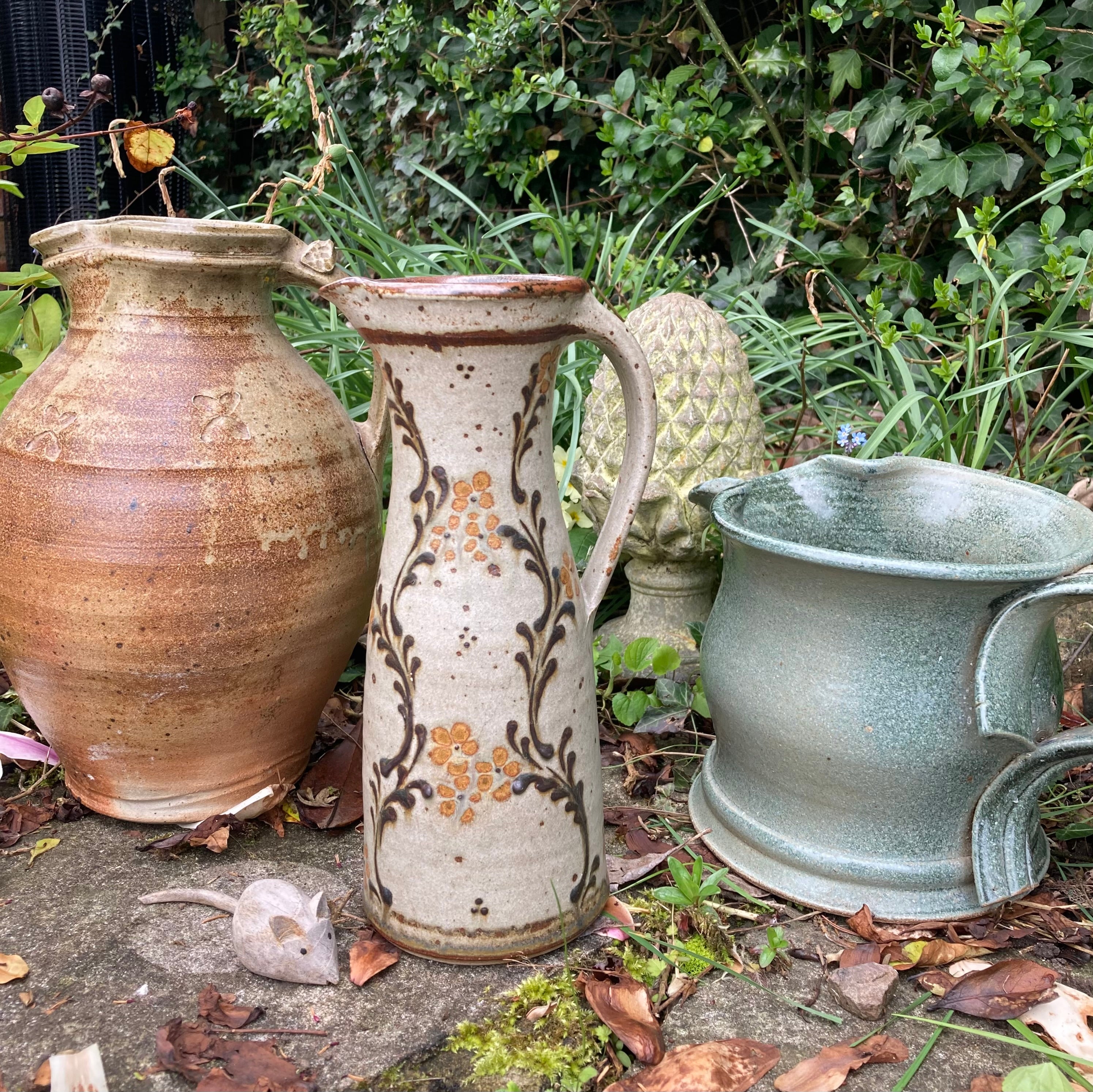 Studio Art Pottery Jug John Calver Rustic Colours, Flowers & Foliage (Middle Jug)