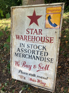 Reclaimed Large Wooden Antique Shop Sign Weathered & Worn Buy Sell Star Warehouse We Buy & Sell