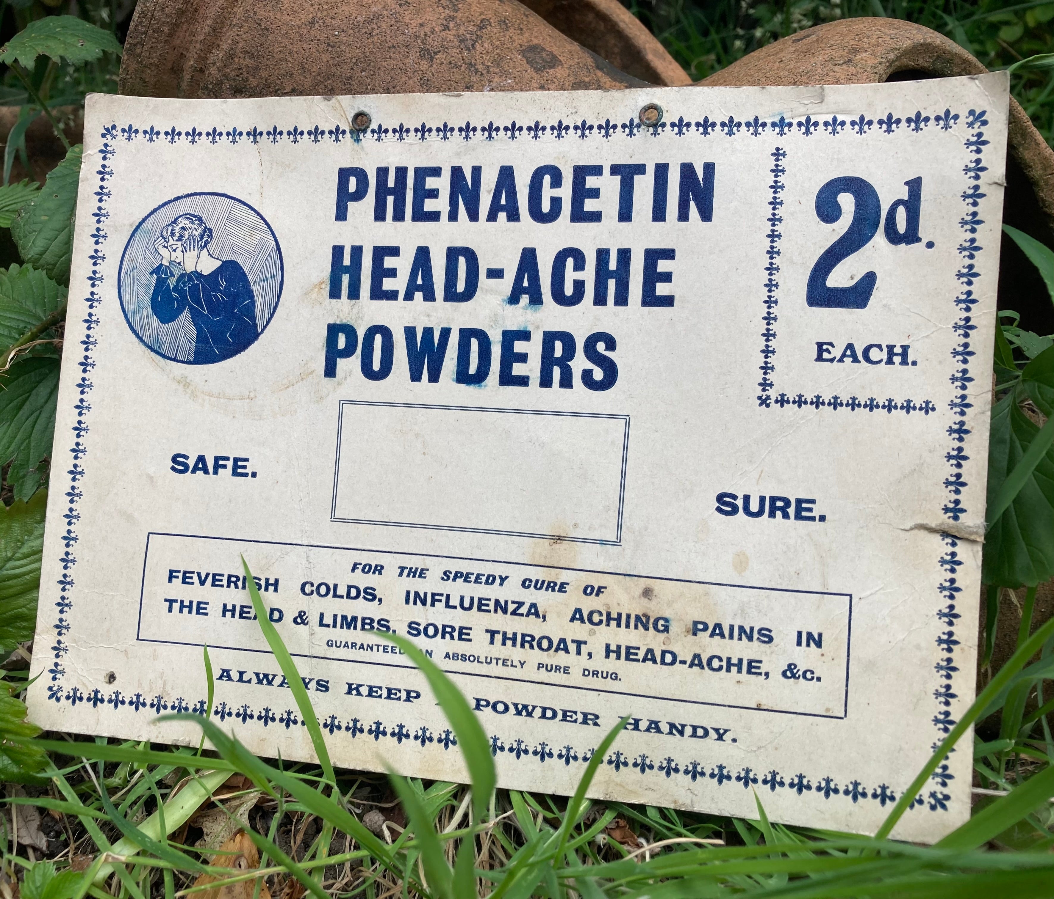 Vintage Chemist Cardboard Sign Phenacetin Head-Ache Powders 2d