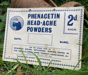 Vintage Chemist Cardboard Sign Phenacetin Head-Ache Powders 2d