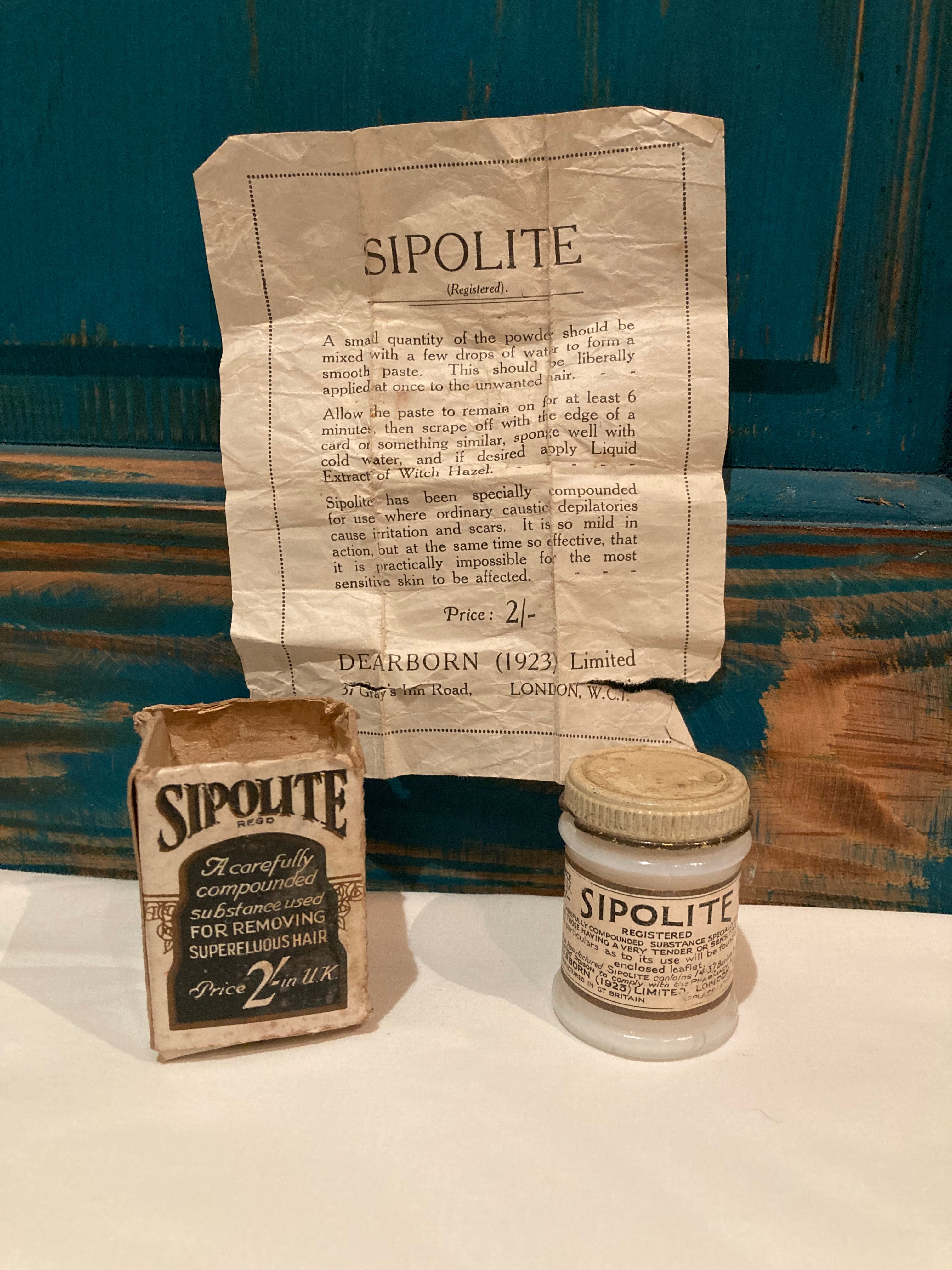 SIPOLITE Original 1920’s Chemist Bottle, Box & Instruction Leaflet - Hair Removal Powder (Depilatory) from “The ROARING 20’s”