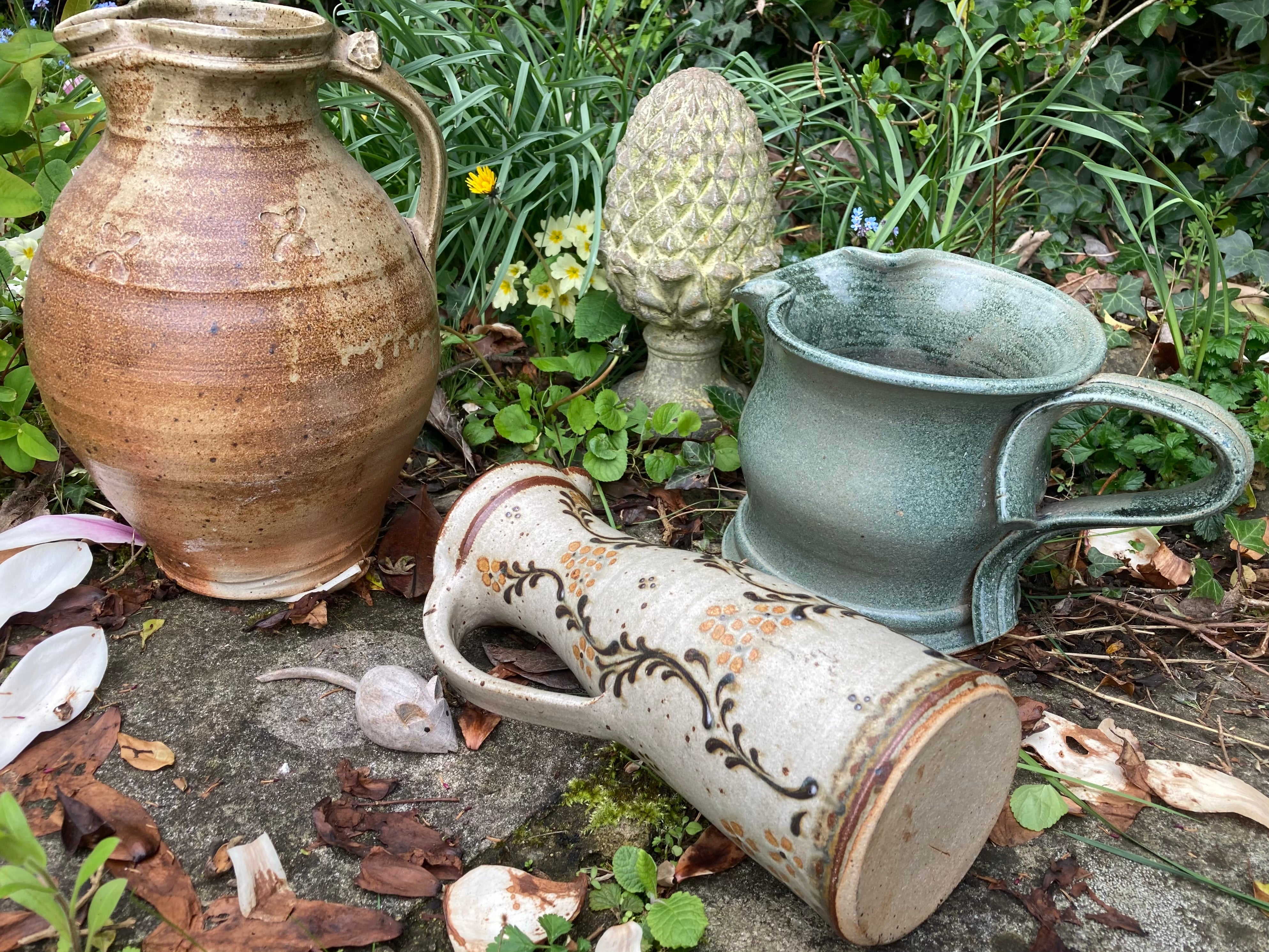 Studio Art Pottery Jug John Calver Rustic Colours, Flowers & Foliage (Middle Jug)