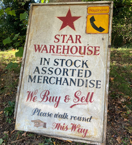 Reclaimed Large Wooden Antique Shop Sign Weathered & Worn Buy Sell Star Warehouse We Buy & Sell
