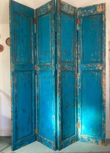 Reclaimed Pitch Pine Panel Folding Shutter Doors / Screen Turquoise Distressed Paint