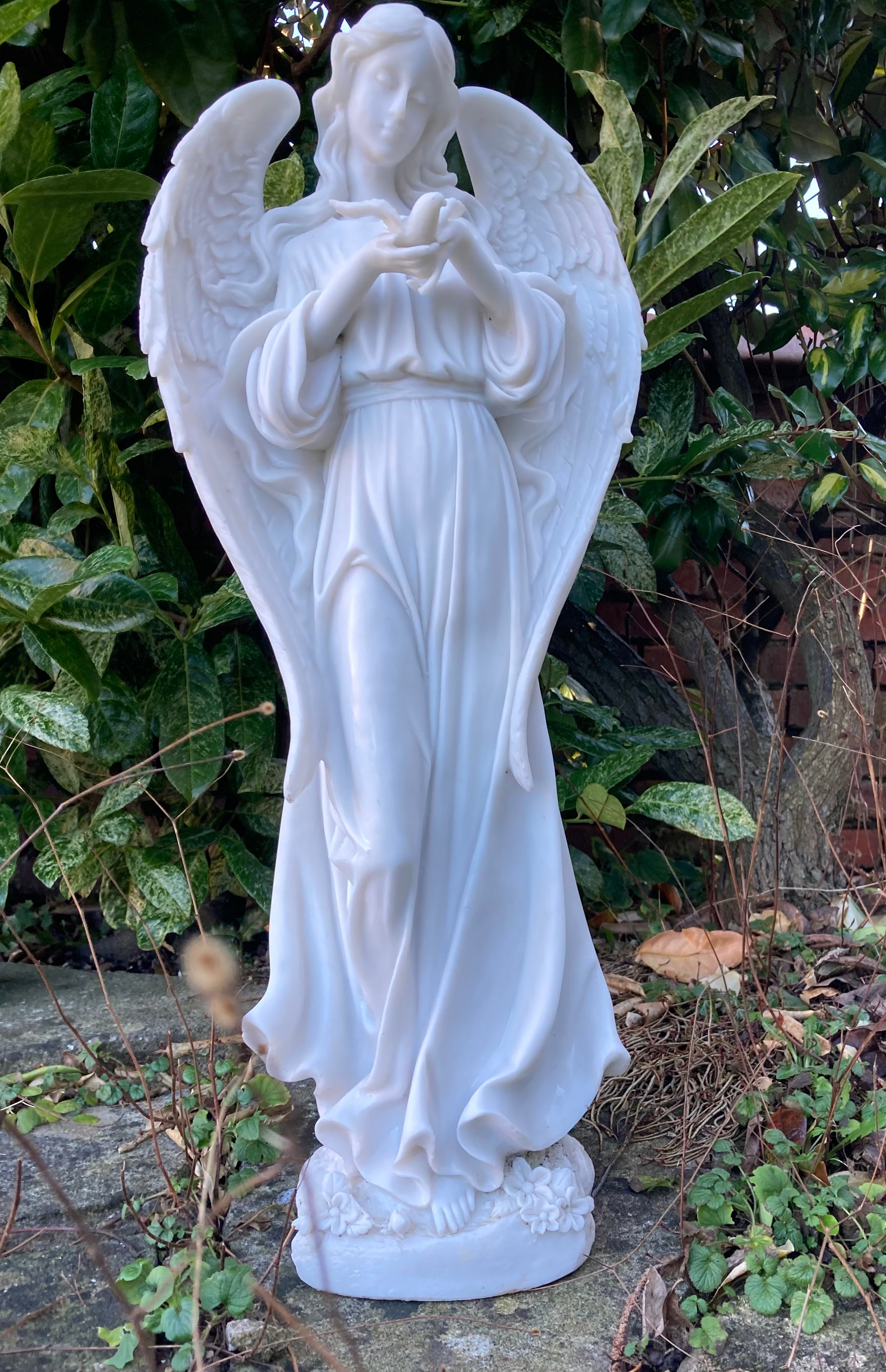 Simple, Elegant “Angel of Peace” Garden Statue with Dove .. Composite Marble Memorable Decoration