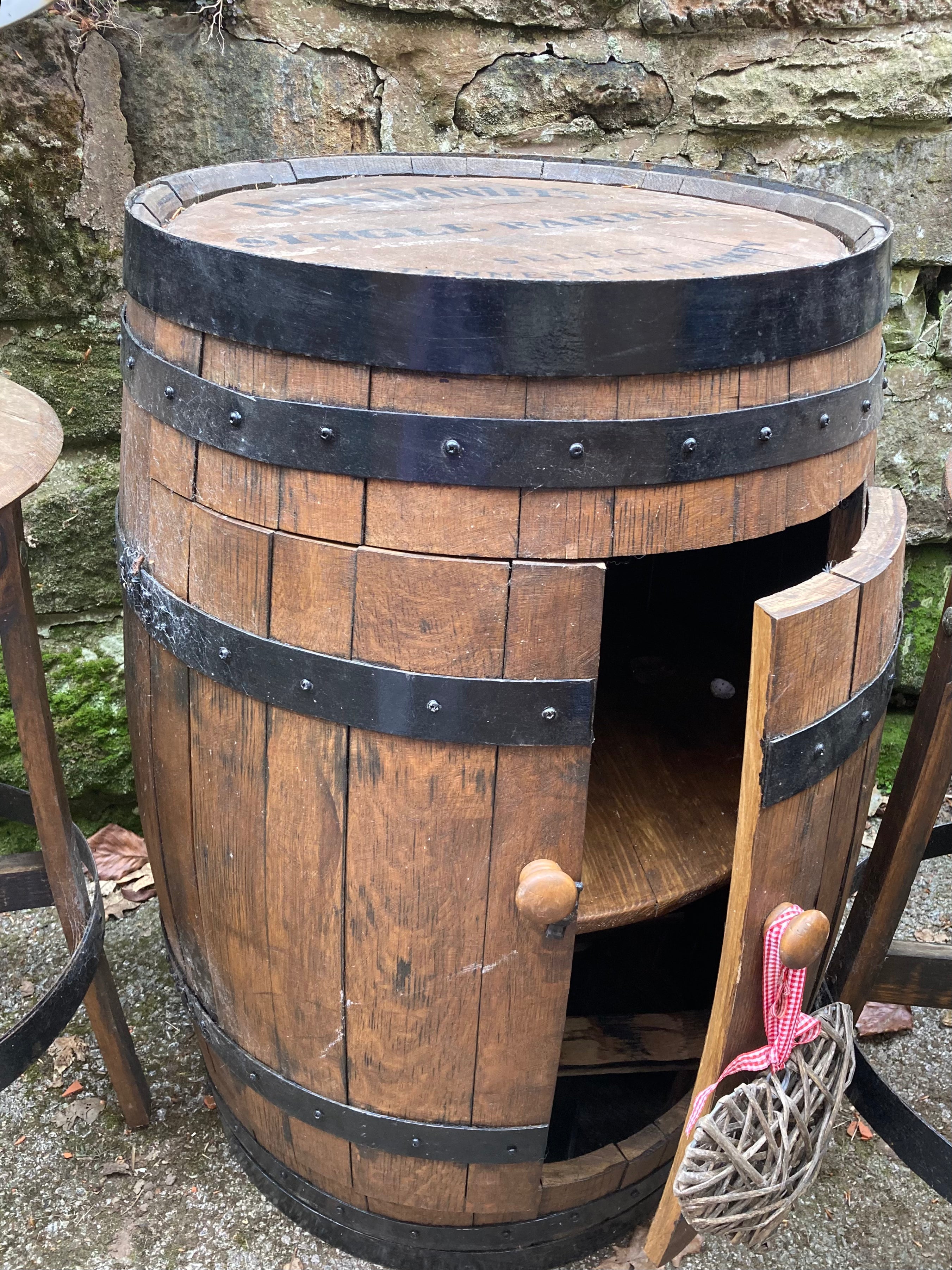 Reclaimed Vintage Solid Oak Jack Daniels Whiskey Barrel Bar / Table & 2 Barrel Top Stools