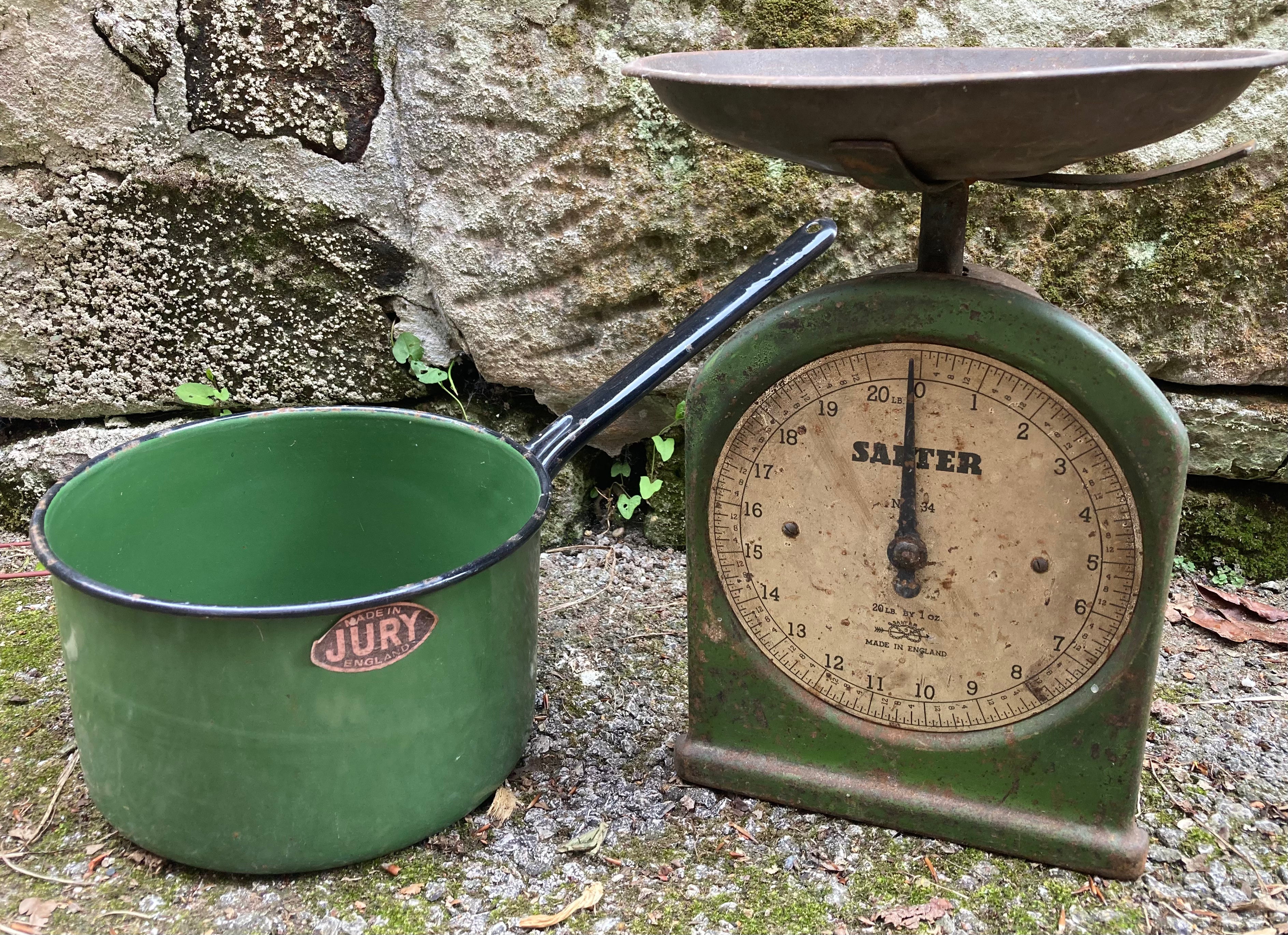 Vintage Kitchen Wares .. Emerald Green Scales & Pan