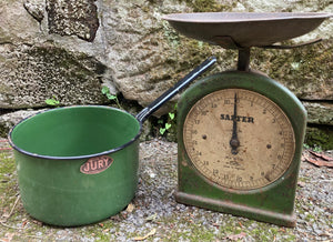 Vintage Kitchen Wares .. Emerald Green Scales & Pan