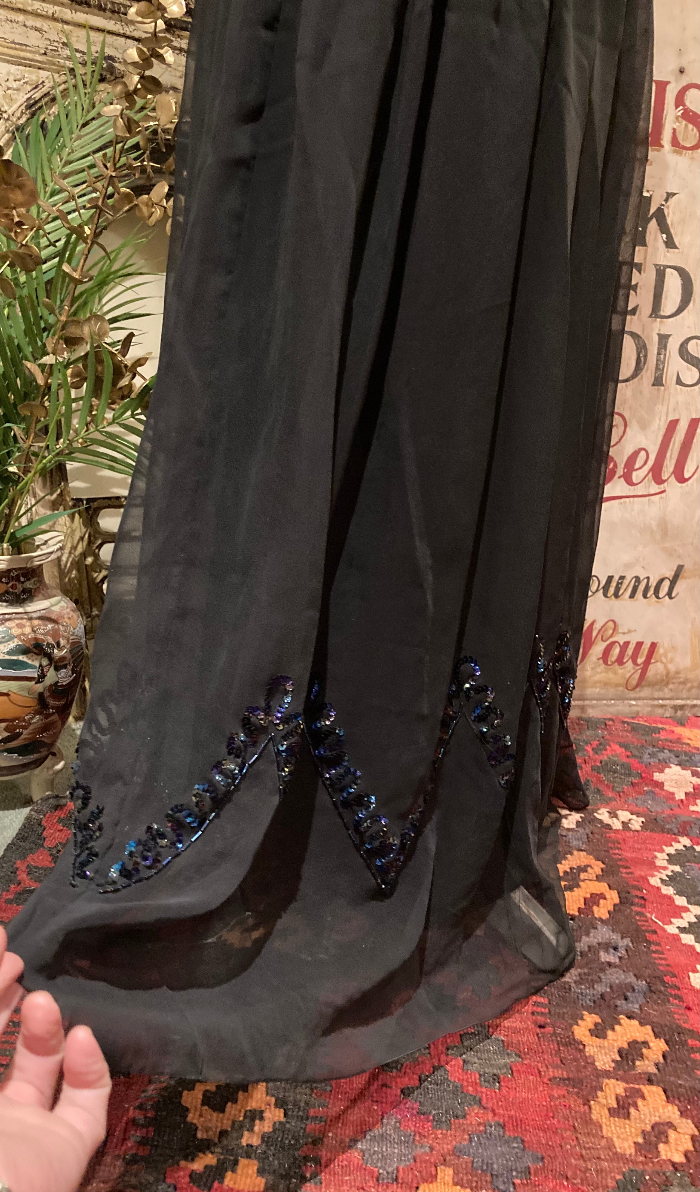 Stunning Black Chiffon Sequinned Long Cocktail Party Evening Dress Vintage 1960’s by Papillon