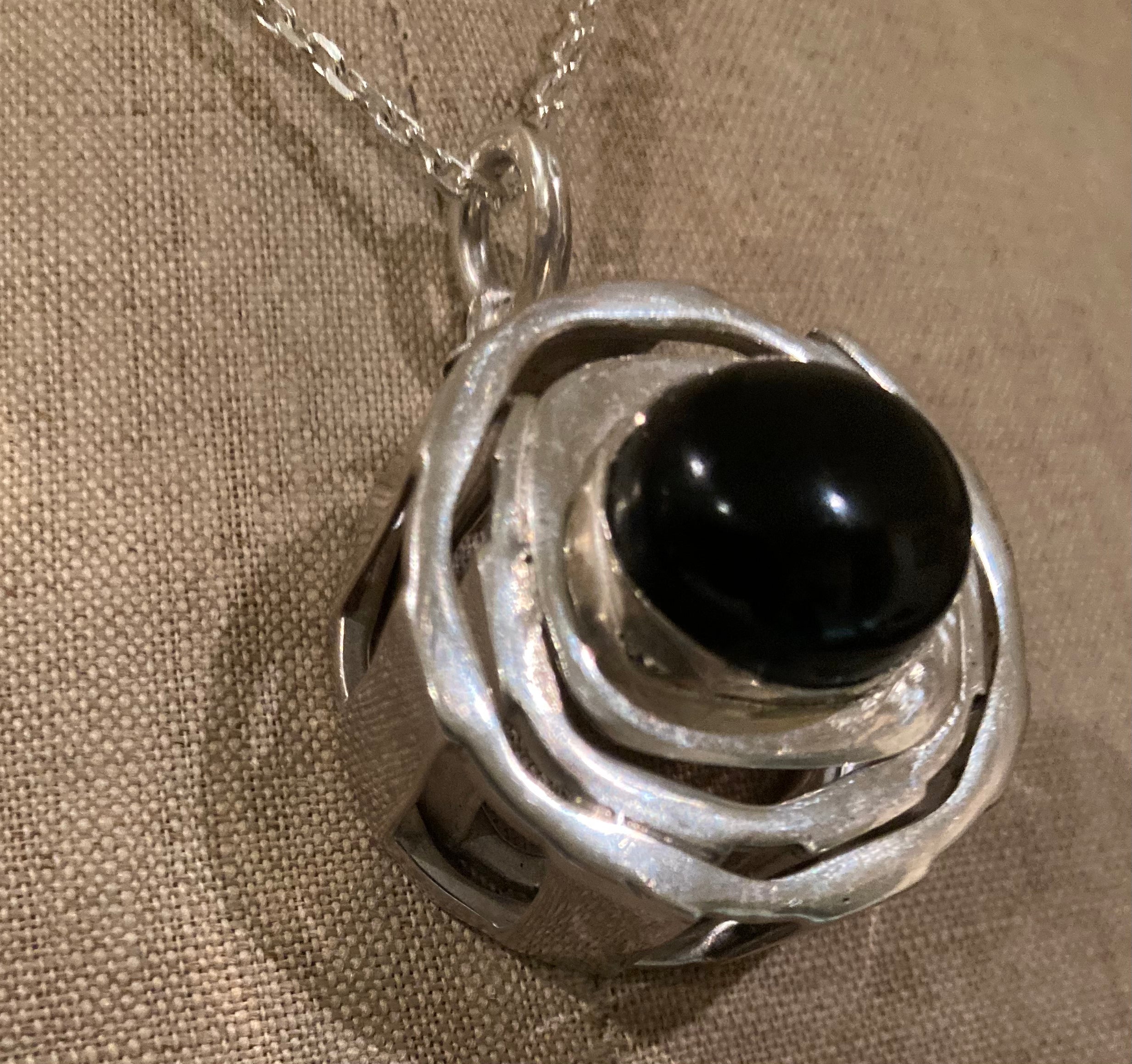 Unique Artisan Sterling Silver Black Onyx Crystal Stone Spiritual Strength Pendant / Chain Necklace