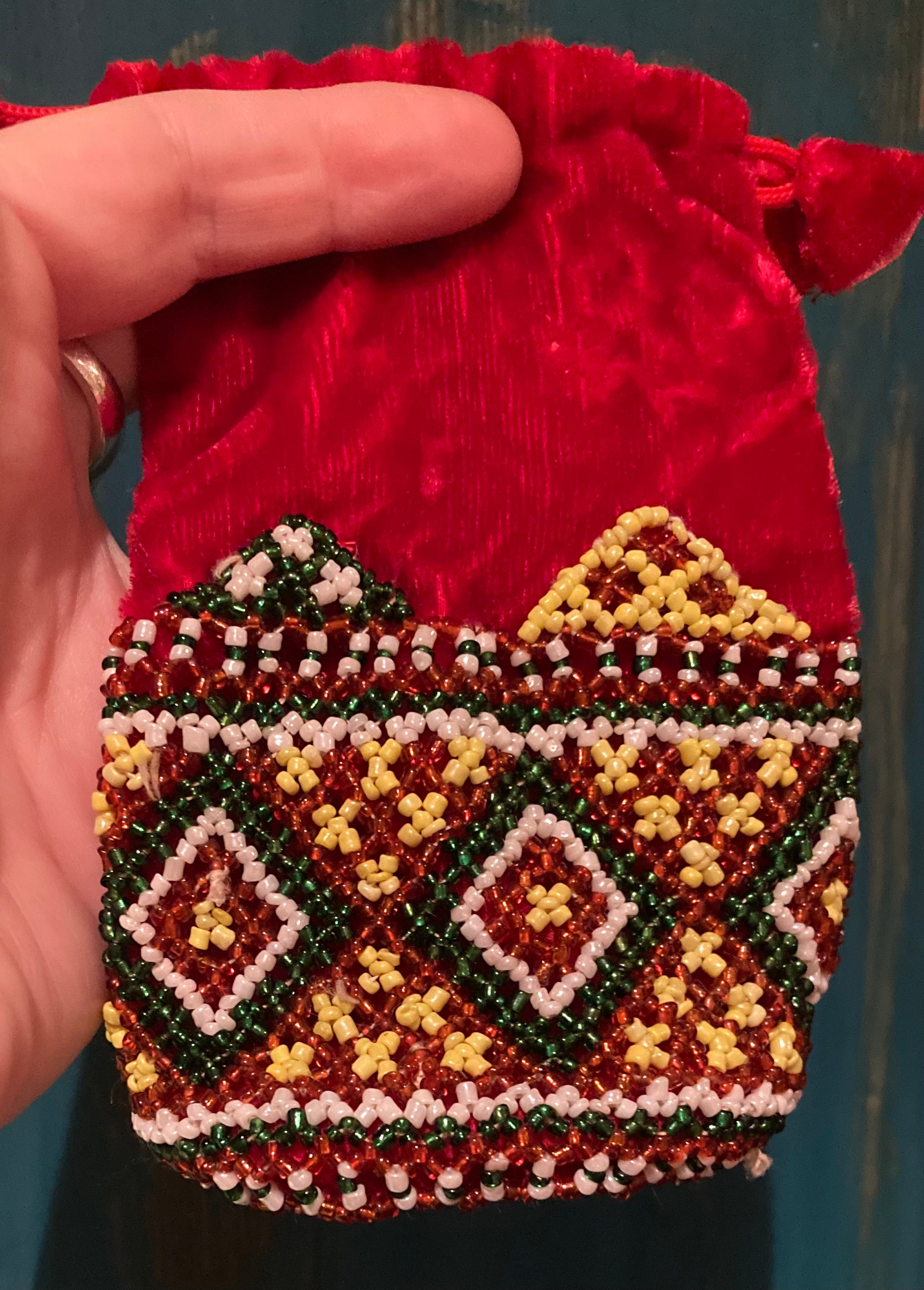 Decorative Small Boho Velvet Hand Beaded Vintage Drawstring Embroidered Seed Bead Coin Purse / Treasure Gift Bag