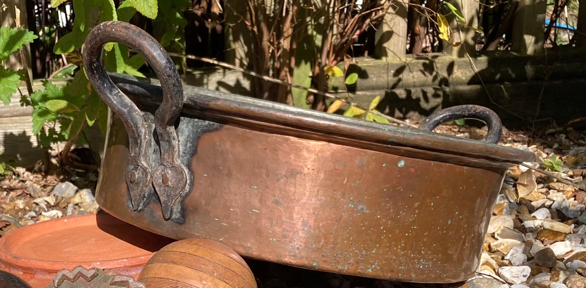 Large Antique Victorian Copper Two Handled Preserve Pot / Pan Iron Hand Forged Riveted Handles