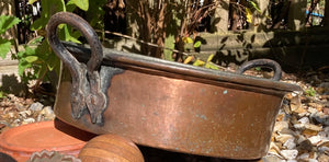 Large Antique Victorian Copper Two Handled Preserve Pot / Pan Iron Hand Forged Riveted Handles