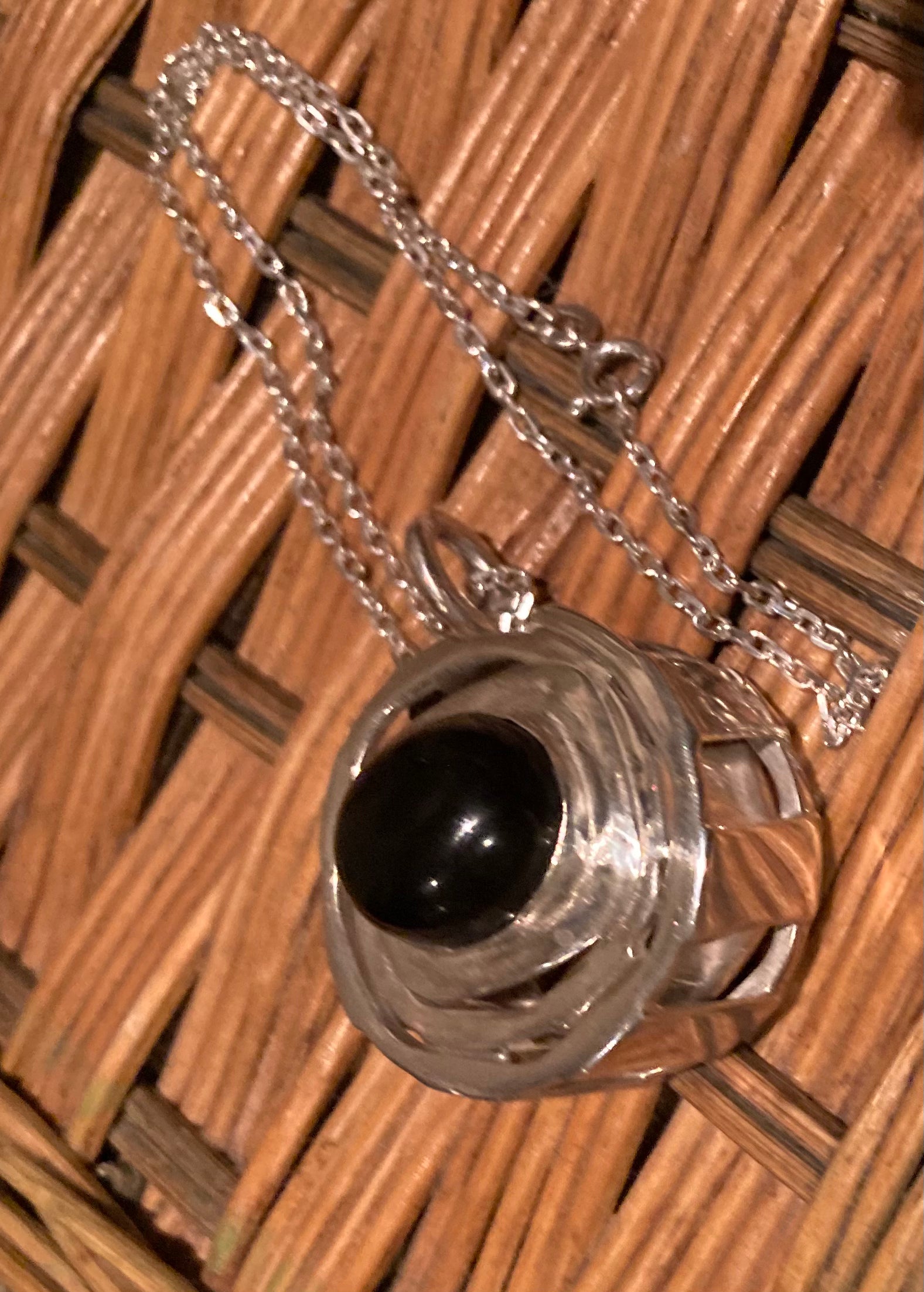 Unique Artisan Sterling Silver Black Onyx Crystal Stone Spiritual Strength Pendant / Chain Necklace