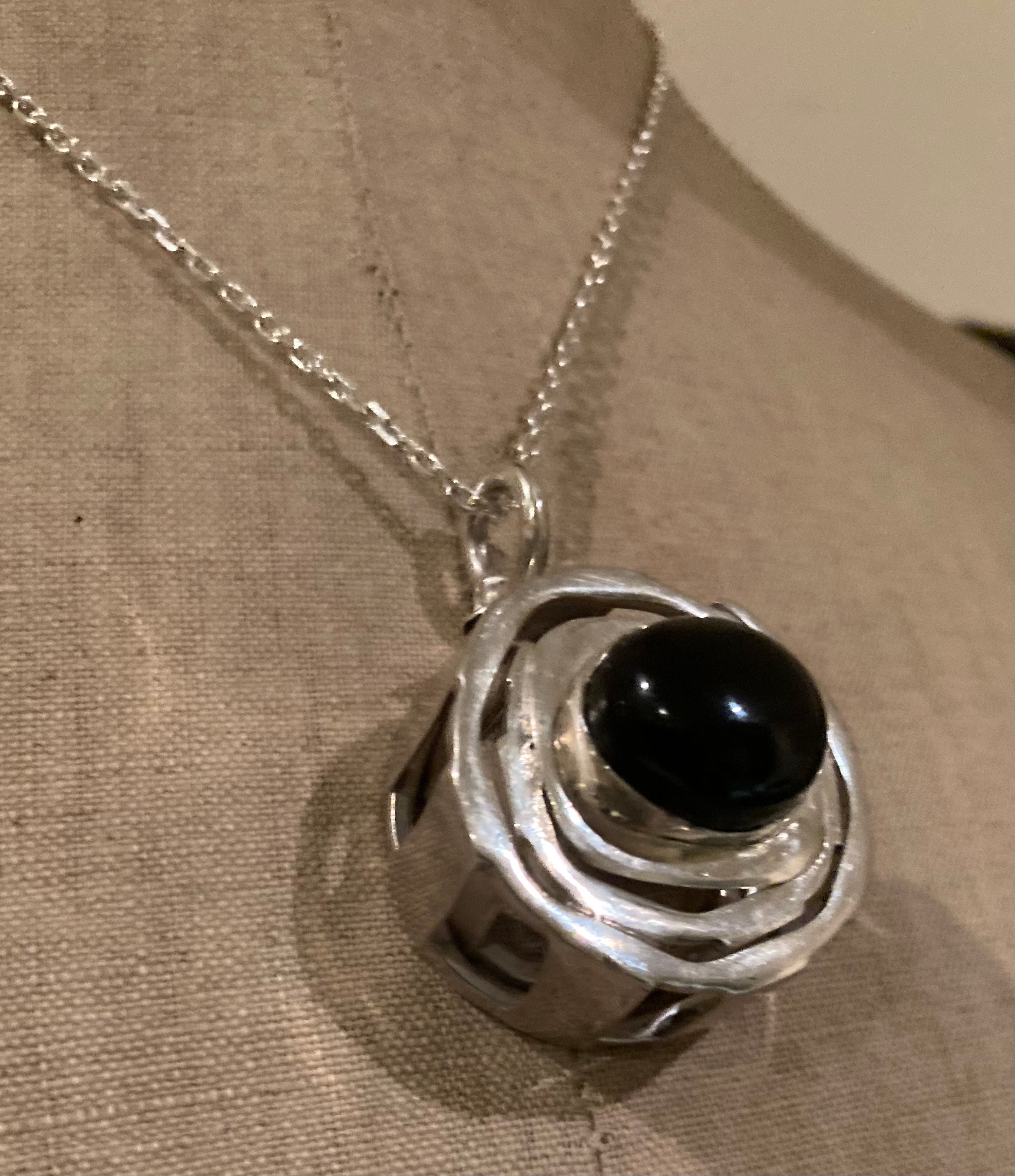 Unique Artisan Sterling Silver Black Onyx Crystal Stone Spiritual Strength Pendant / Chain Necklace