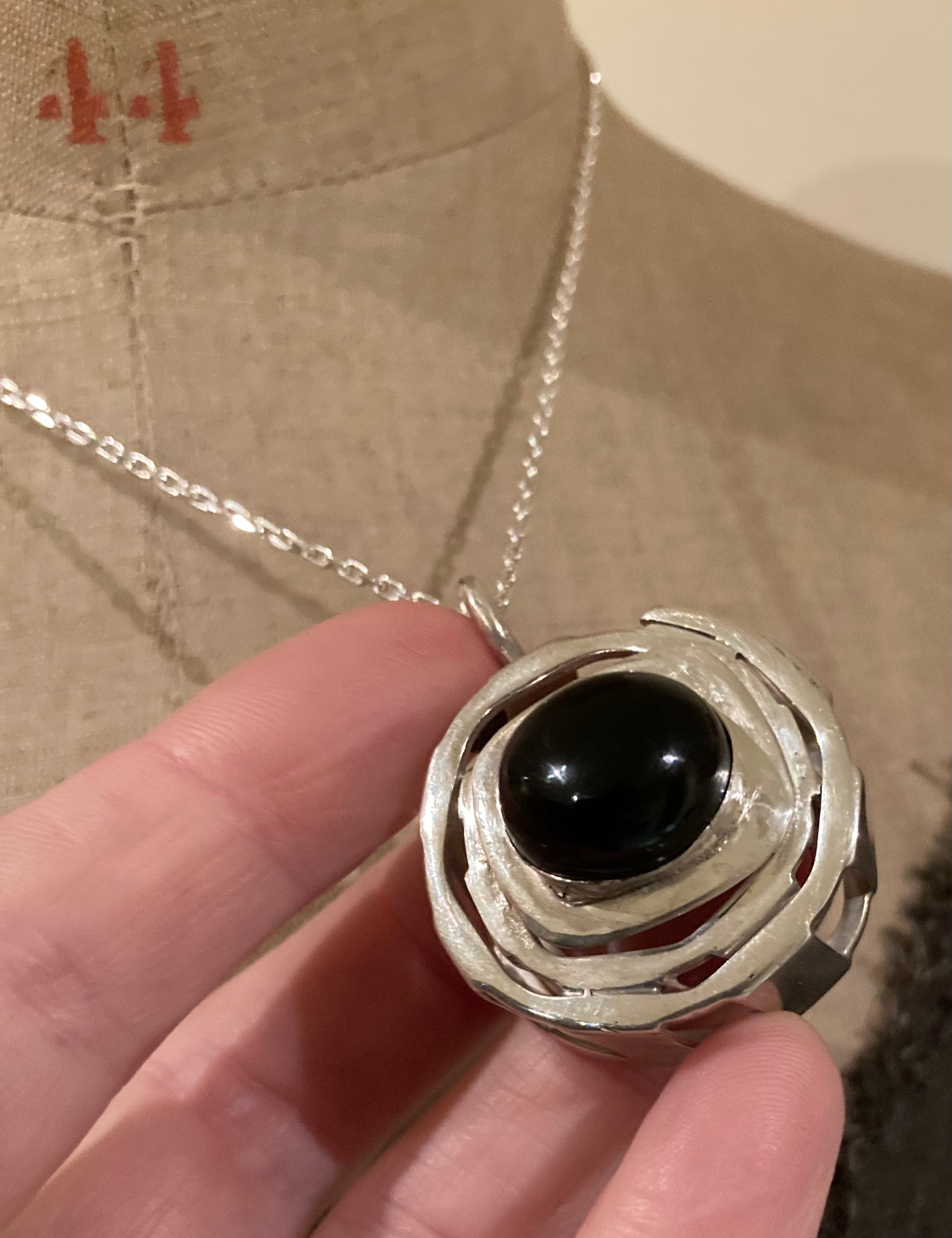 Unique Artisan Sterling Silver Black Onyx Crystal Stone Spiritual Strength Pendant / Chain Necklace