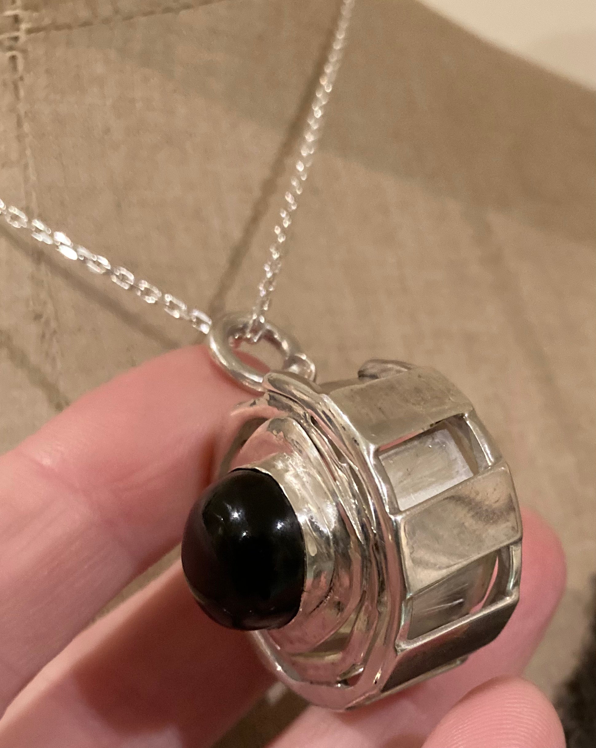 Unique Artisan Sterling Silver Black Onyx Crystal Stone Spiritual Strength Pendant / Chain Necklace