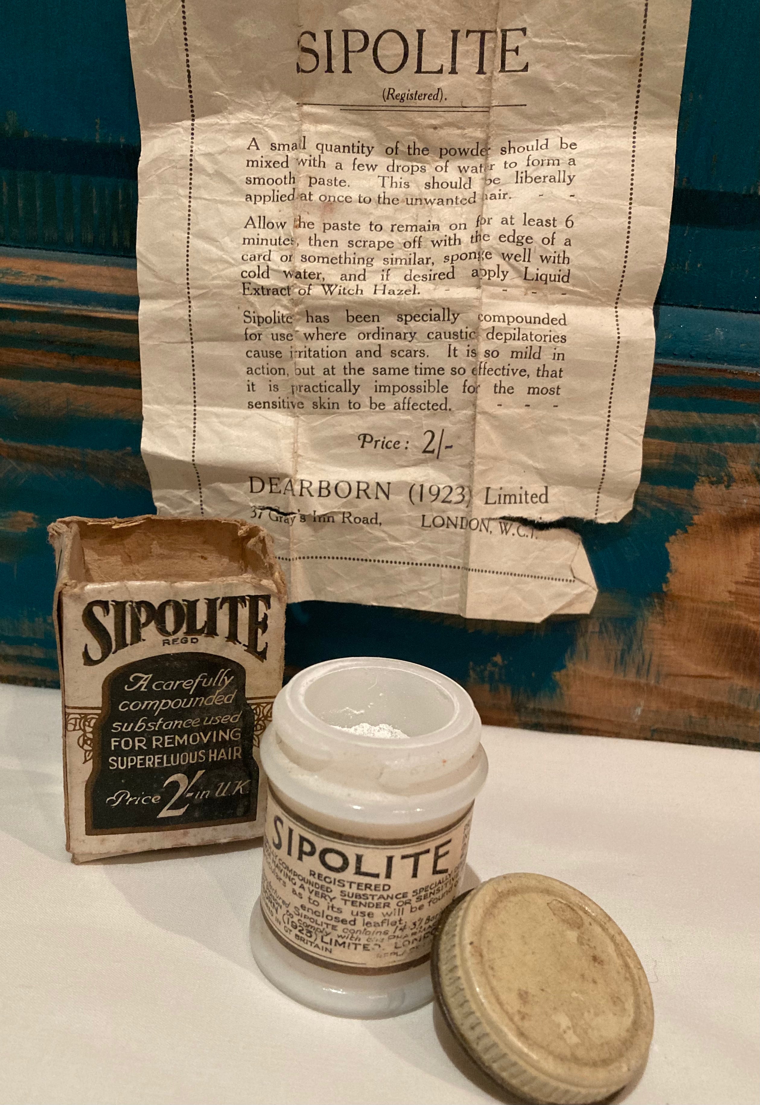 SIPOLITE Original 1920’s Chemist Bottle, Box & Instruction Leaflet - Hair Removal Powder (Depilatory) from “The ROARING 20’s”