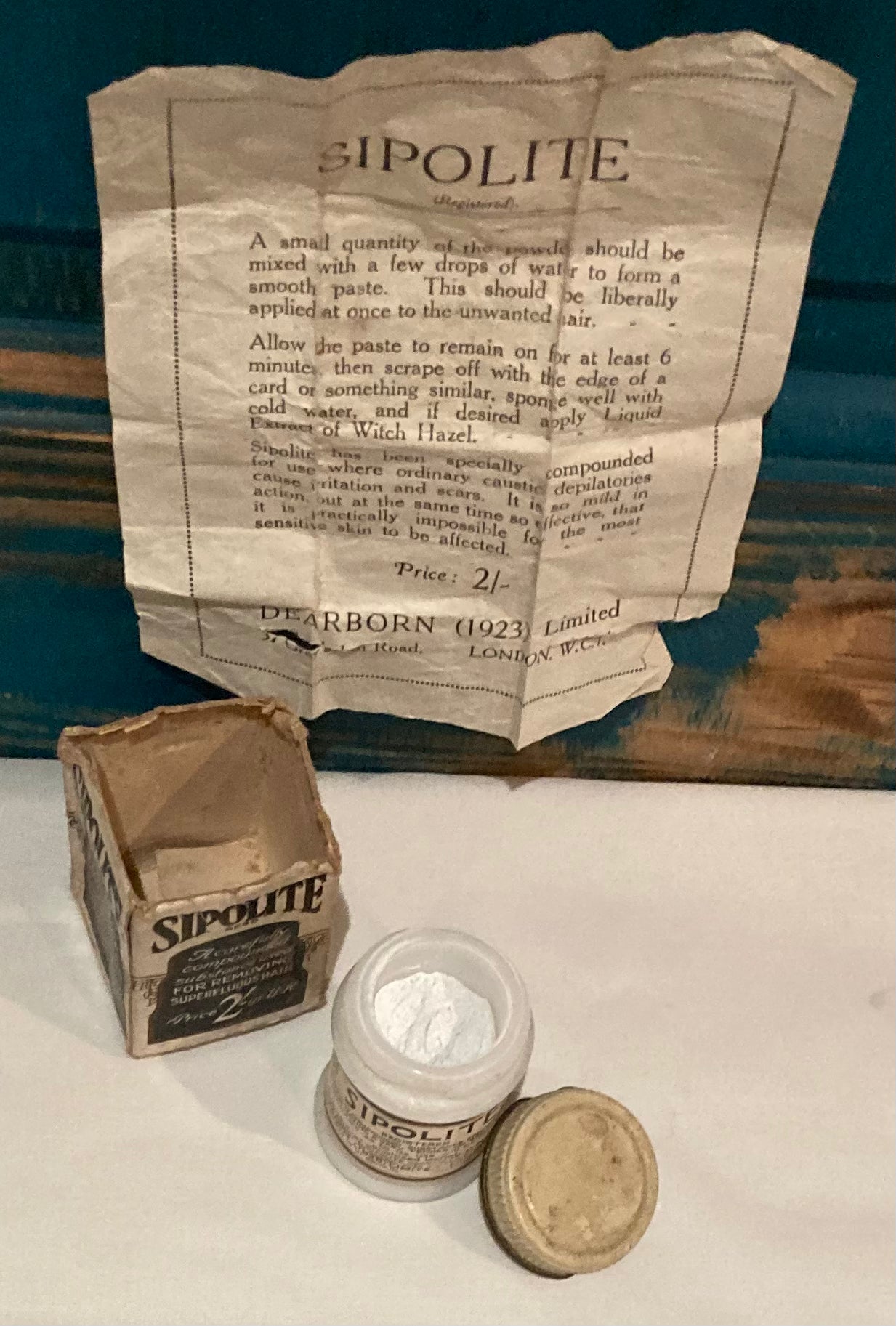 SIPOLITE Original 1920’s Chemist Bottle, Box & Instruction Leaflet - Hair Removal Powder (Depilatory) from “The ROARING 20’s”