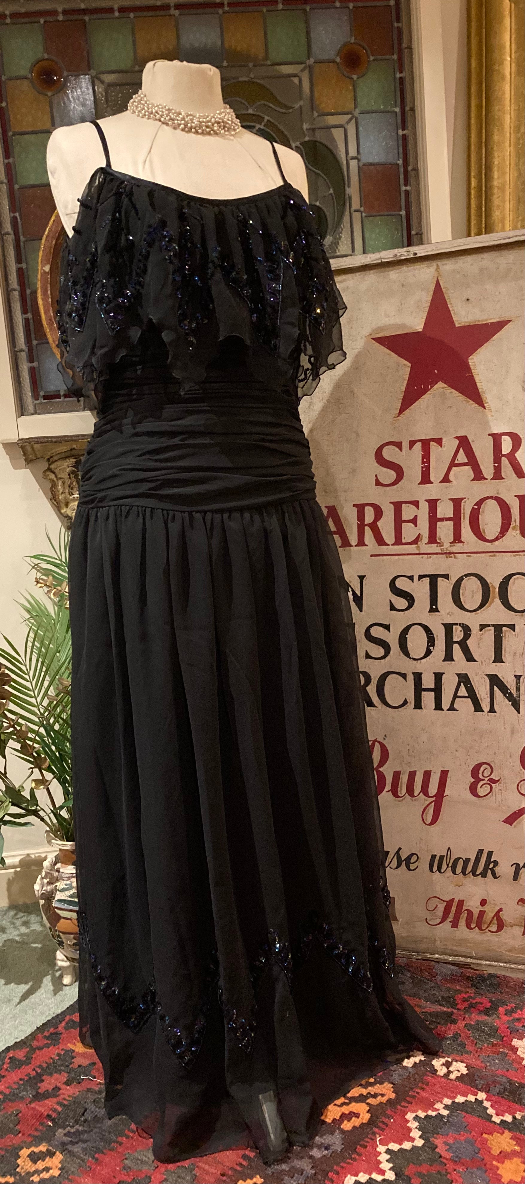 Stunning Black Chiffon Sequinned Long Cocktail Party Evening Dress Vintage 1960’s by Papillon