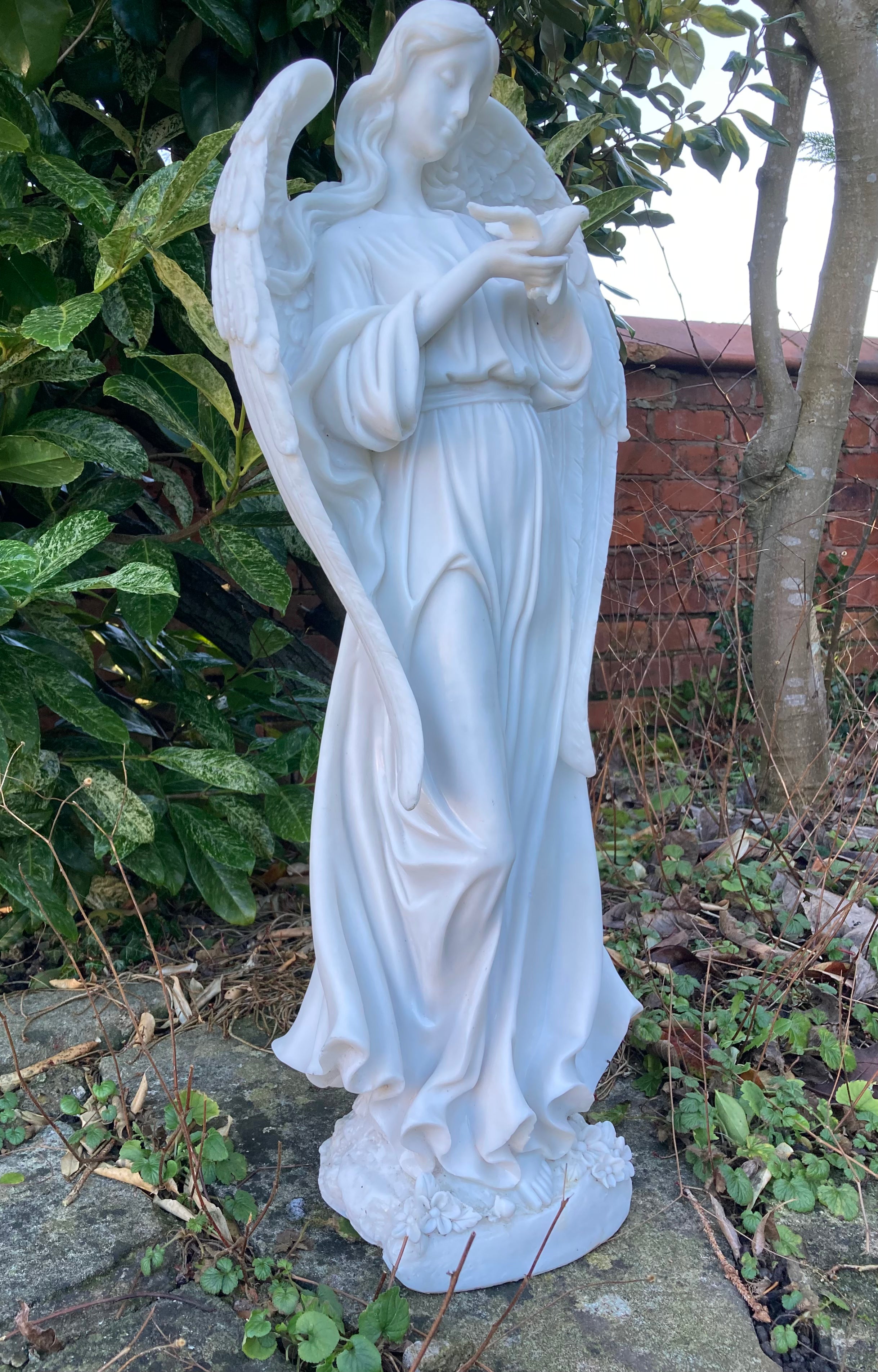 Simple, Elegant “Angel of Peace” Garden Statue with Dove .. Composite Marble Memorable Decoration