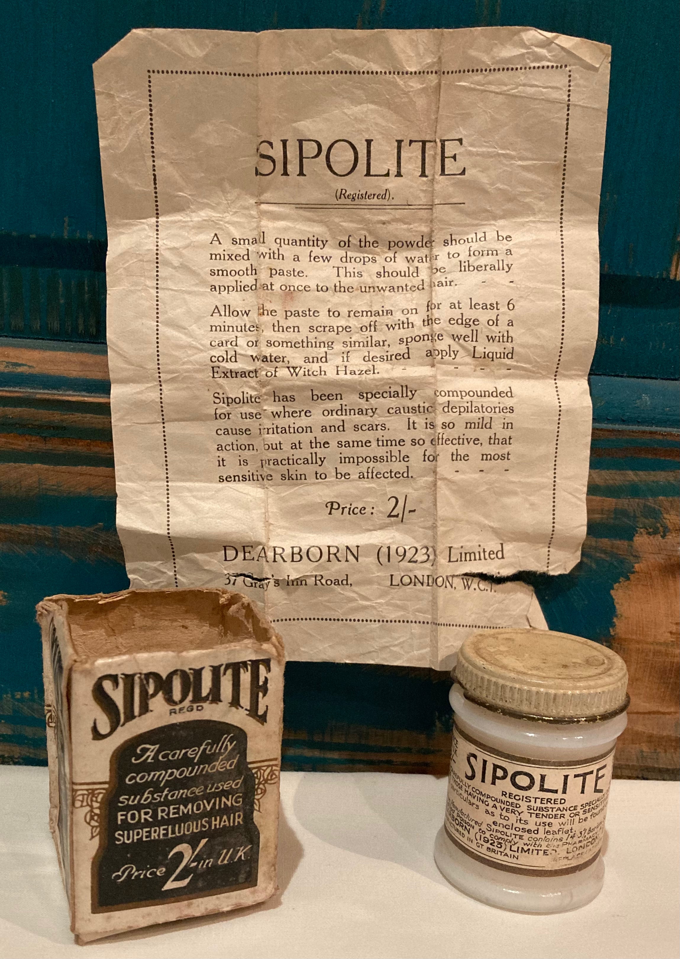 SIPOLITE Original 1920’s Chemist Bottle, Box & Instruction Leaflet - Hair Removal Powder (Depilatory) from “The ROARING 20’s”