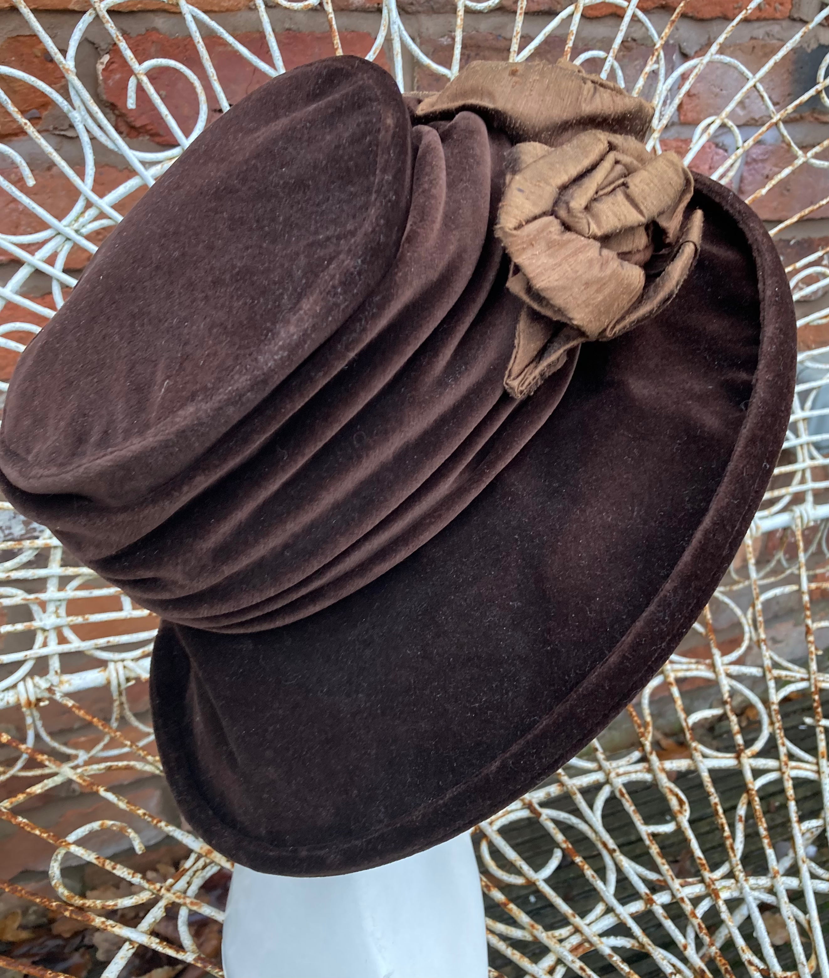 Unique Mad Hatters Millinery Brown Velvet with Silk Flowers Winter Hat