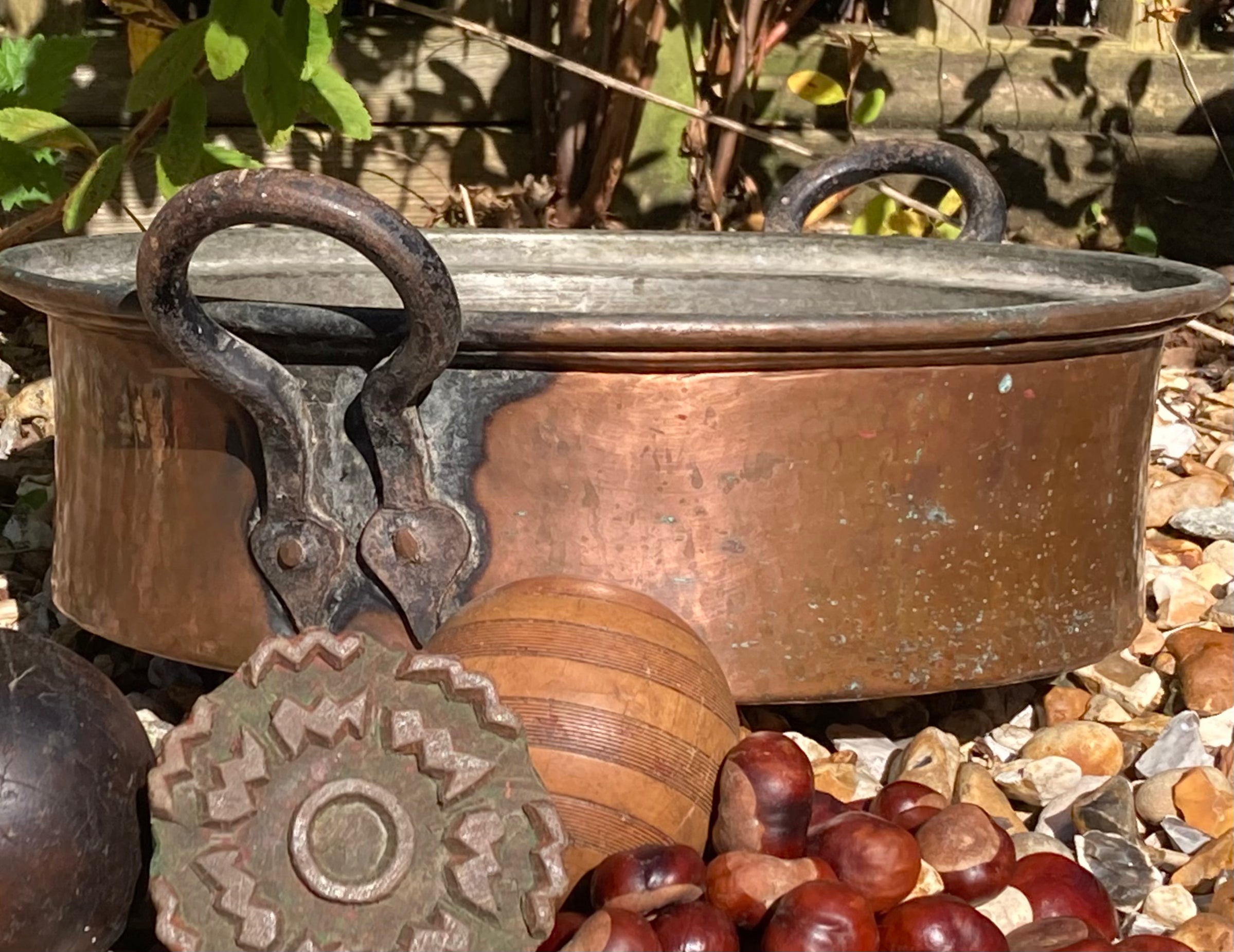 Large Antique Victorian Copper Two Handled Preserve Pot / Pan Iron Hand Forged Riveted Handles