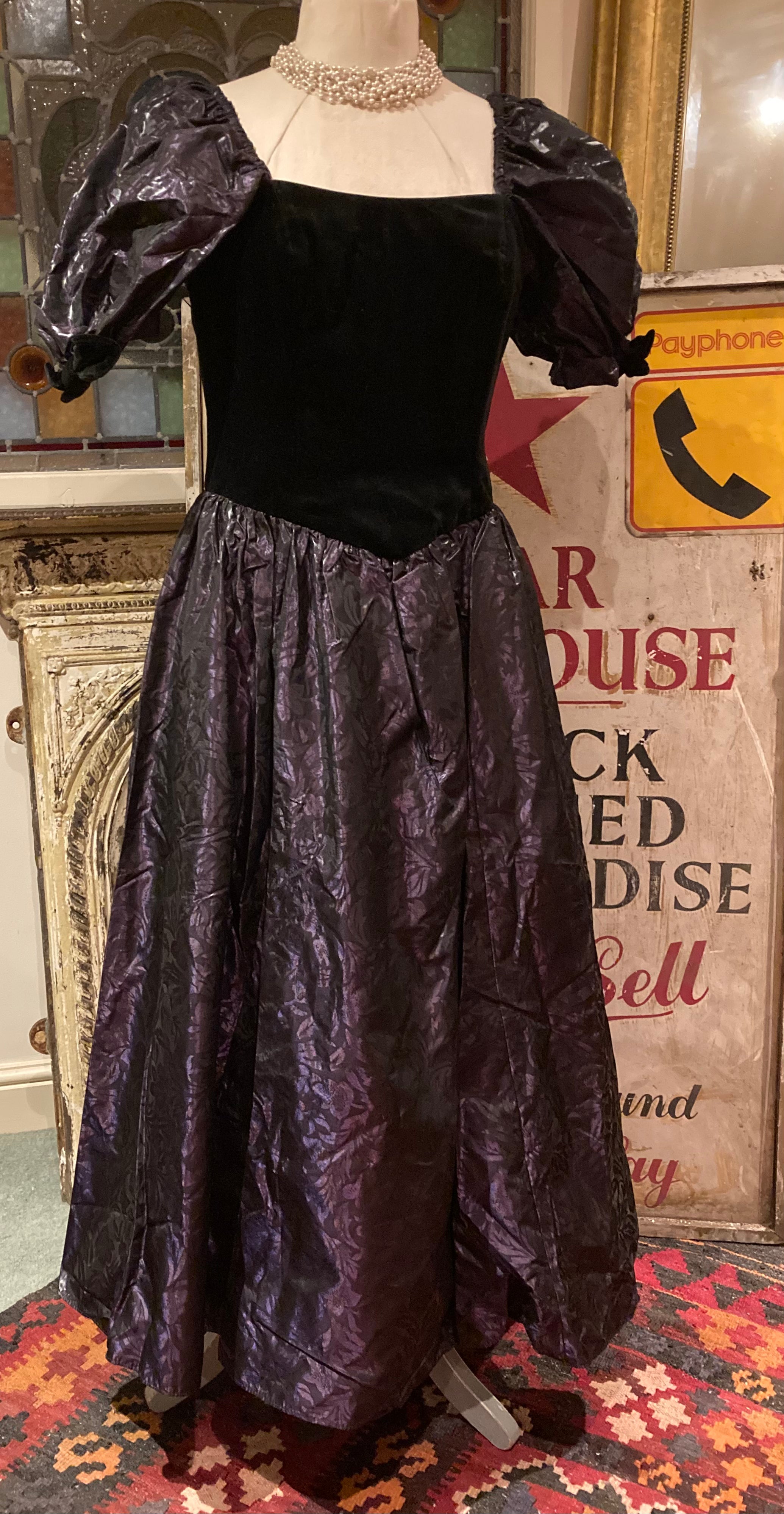 Laura Ashley Ball Gown Dress Party Glam Rock Vintage Taffeta Black Purple Velvet
