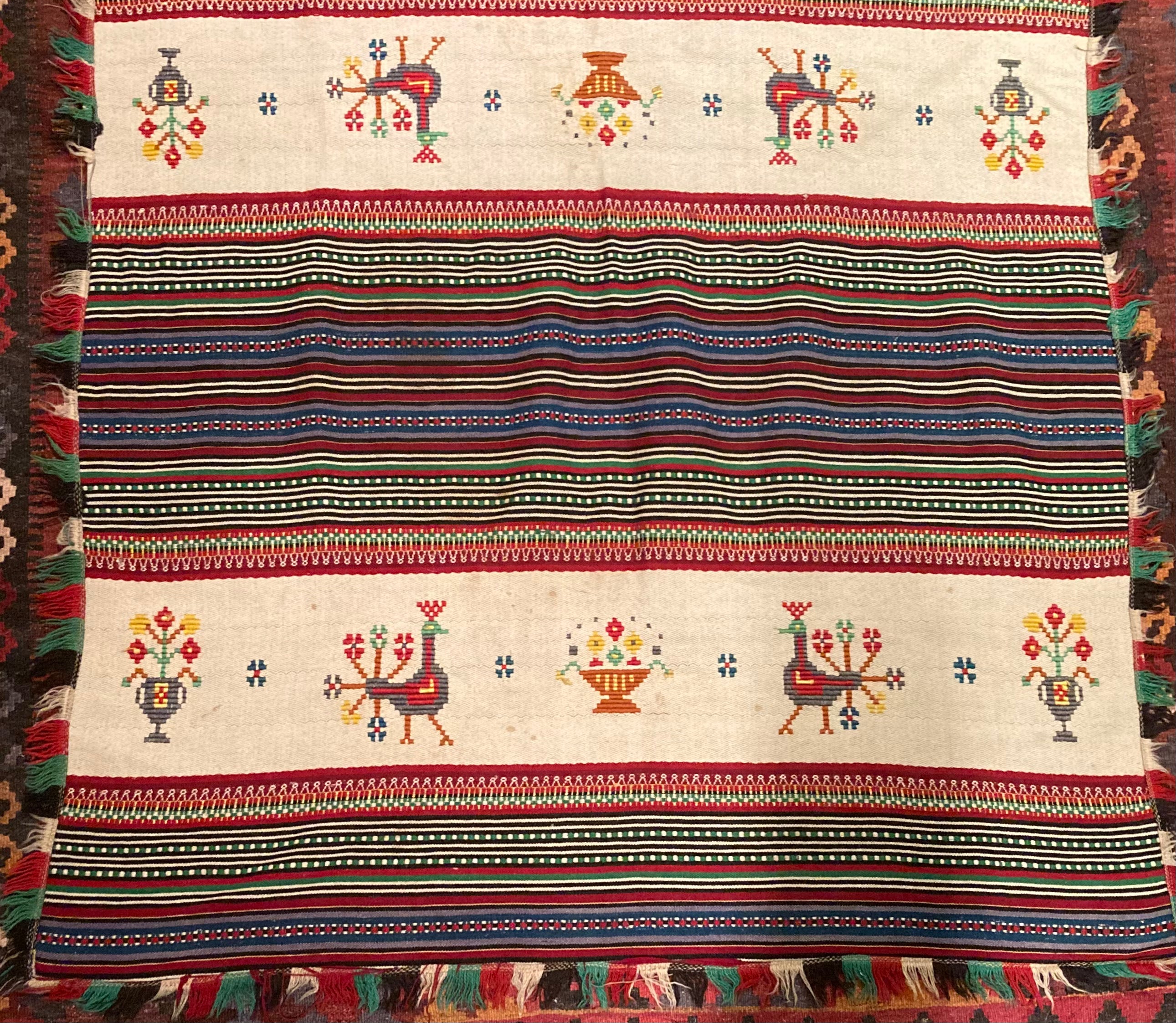 Folk Art Small Peacock Hand Woven Kilim Rug Wool & Silk circa 50yrs of age ..