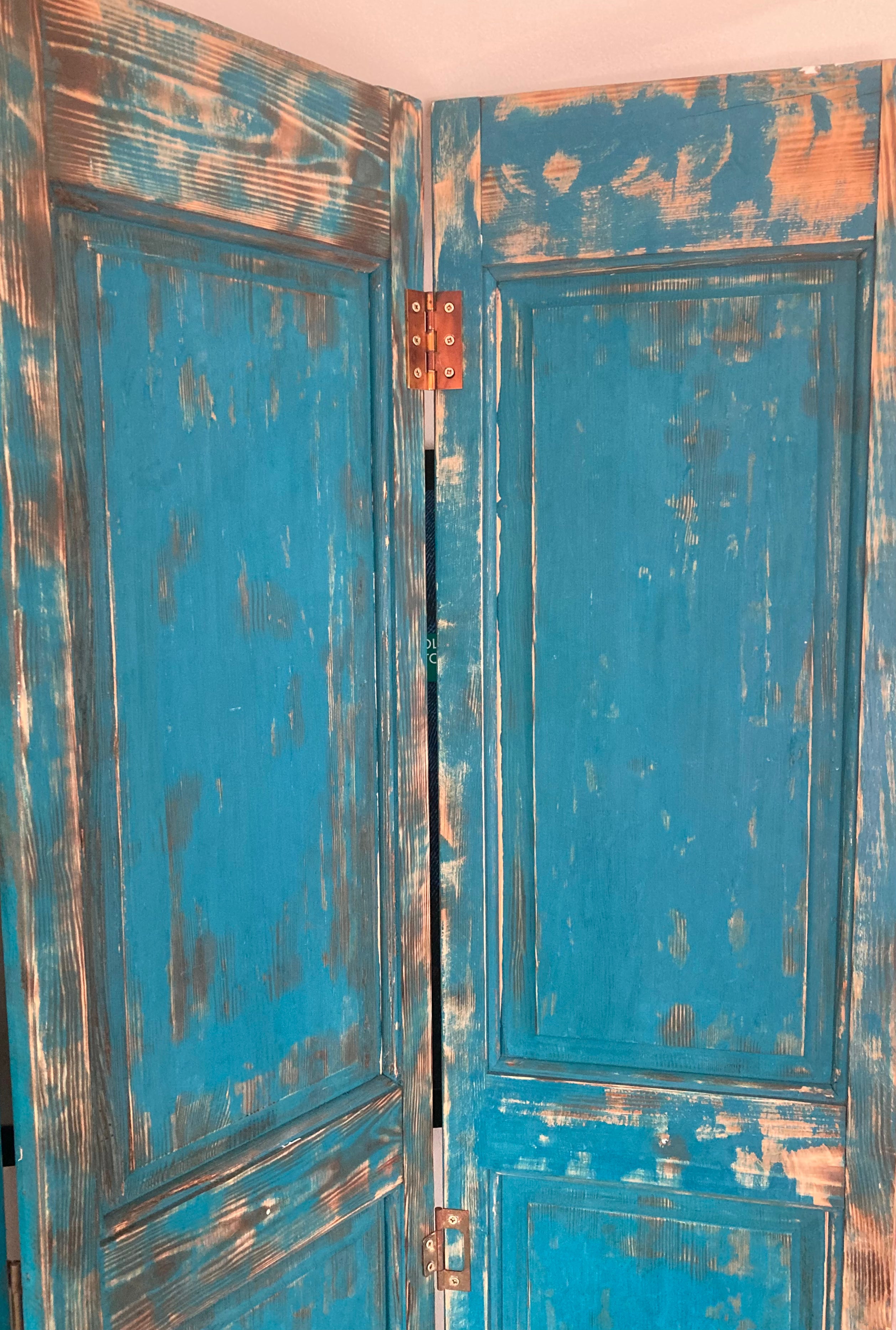 Reclaimed Pitch Pine Panel Folding Shutter Doors / Screen Turquoise Distressed Paint