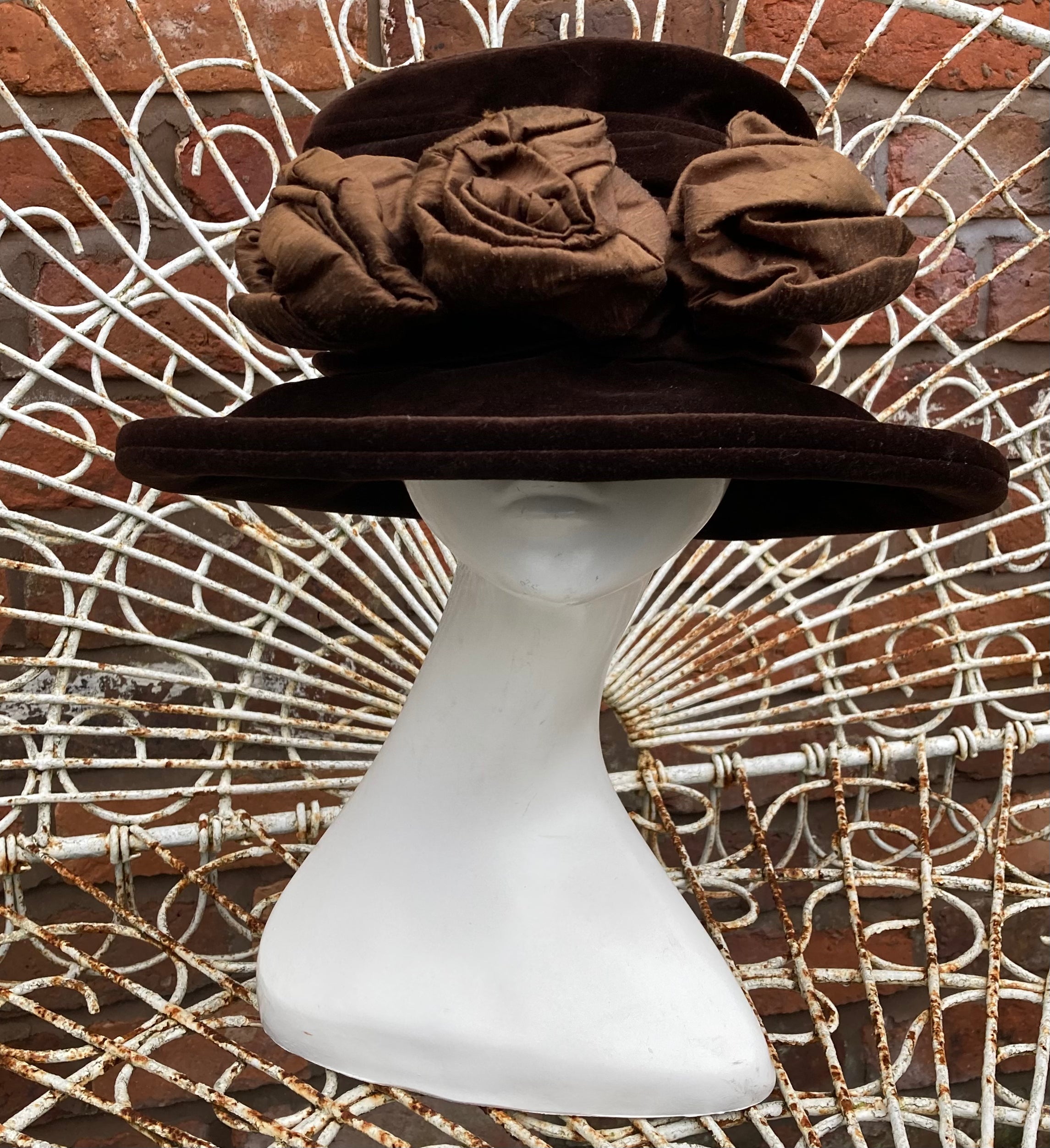Unique Mad Hatters Millinery Brown Velvet with Silk Flowers Winter Hat