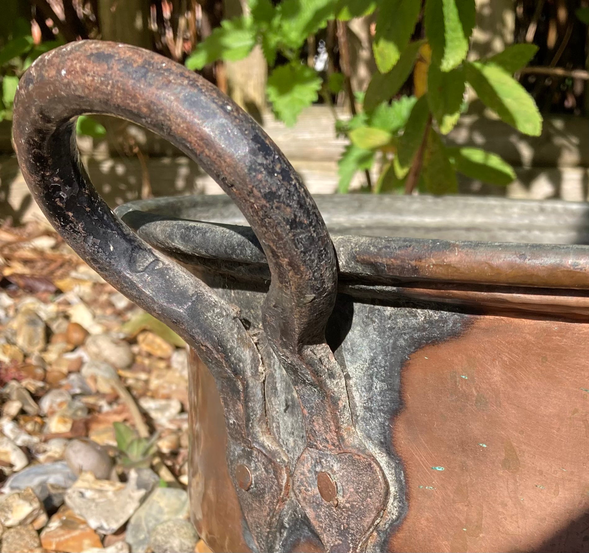 Large Antique Victorian Copper Two Handled Preserve Pot / Pan Iron Hand Forged Riveted Handles
