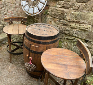 Reclaimed Vintage Solid Oak Jack Daniels Whiskey Barrel Bar / Table & 2 Barrel Top Stools
