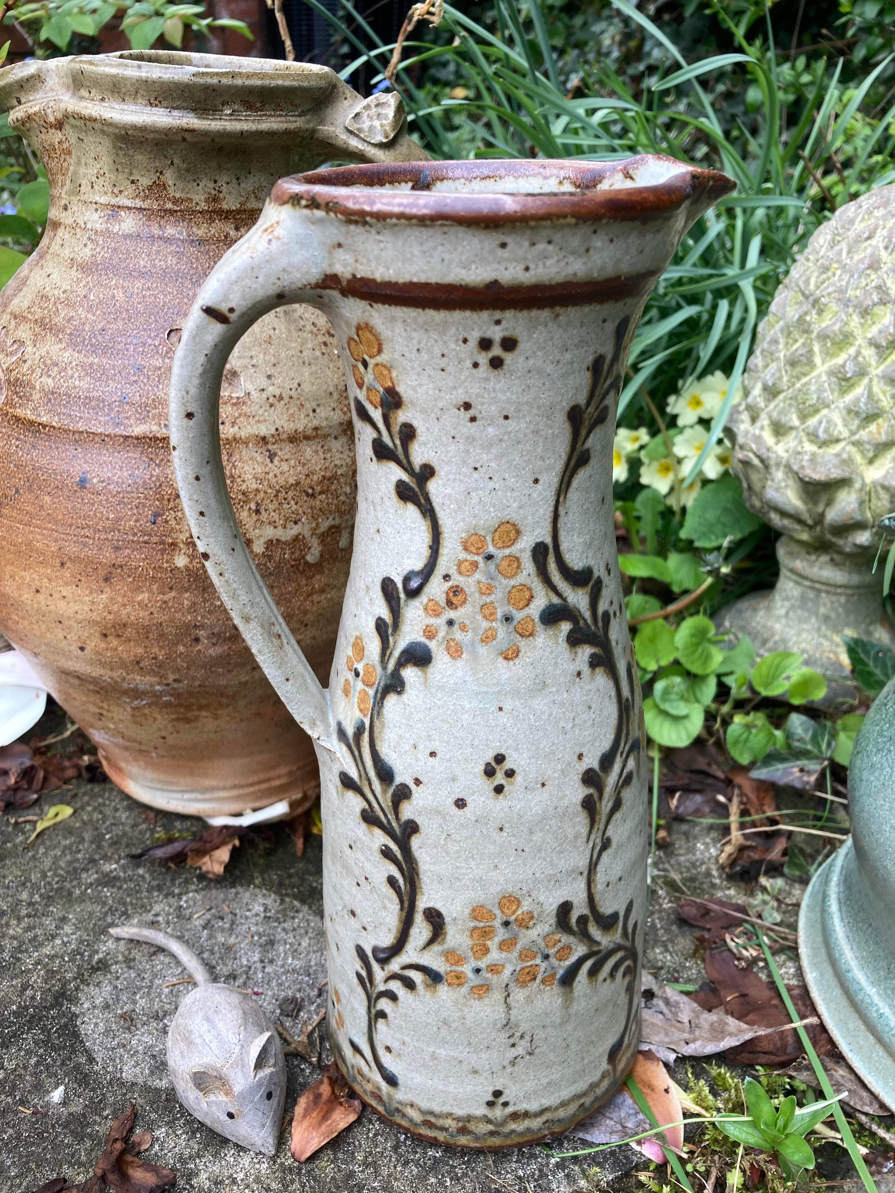 Studio Art Pottery Jug John Calver Rustic Colours, Flowers & Foliage (Middle Jug)