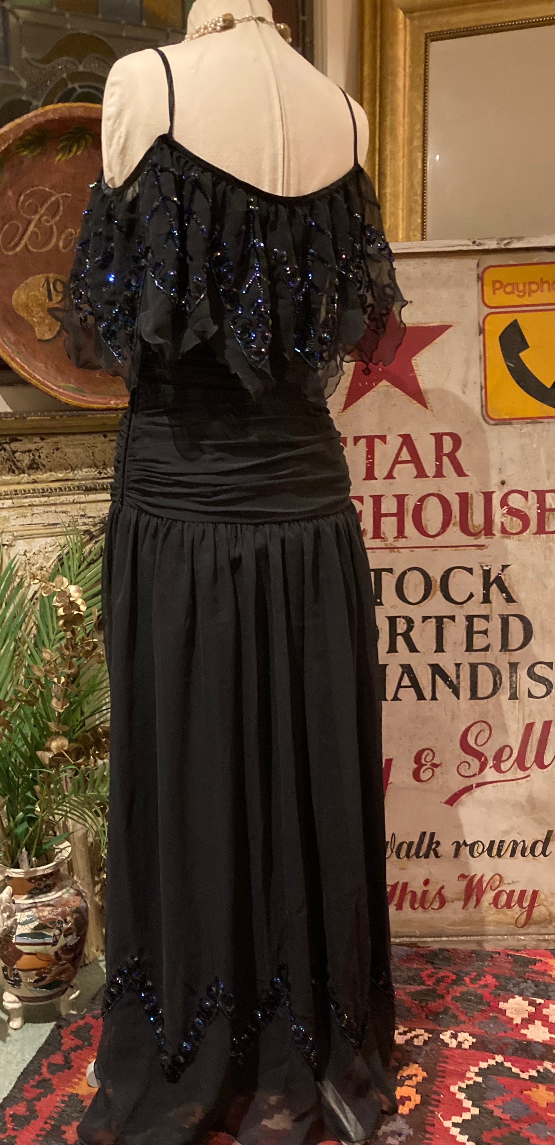 Stunning Black Chiffon Sequinned Long Cocktail Party Evening Dress Vintage 1960’s by Papillon