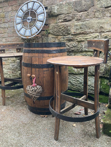 Reclaimed Vintage Solid Oak Jack Daniels Whiskey Barrel Bar / Table & 2 Barrel Top Stools