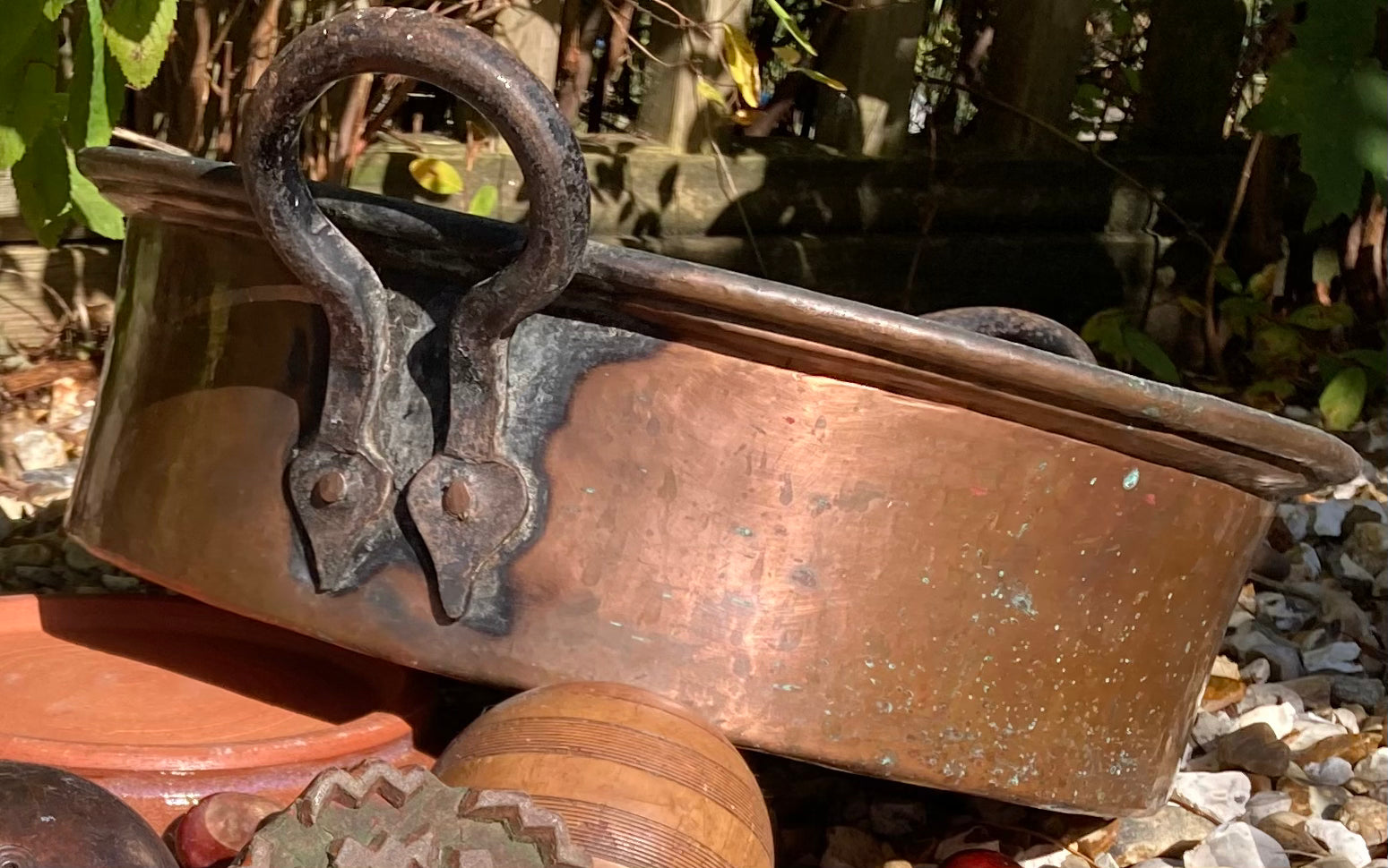Large Antique Victorian Copper Two Handled Preserve Pot / Pan Iron Hand Forged Riveted Handles
