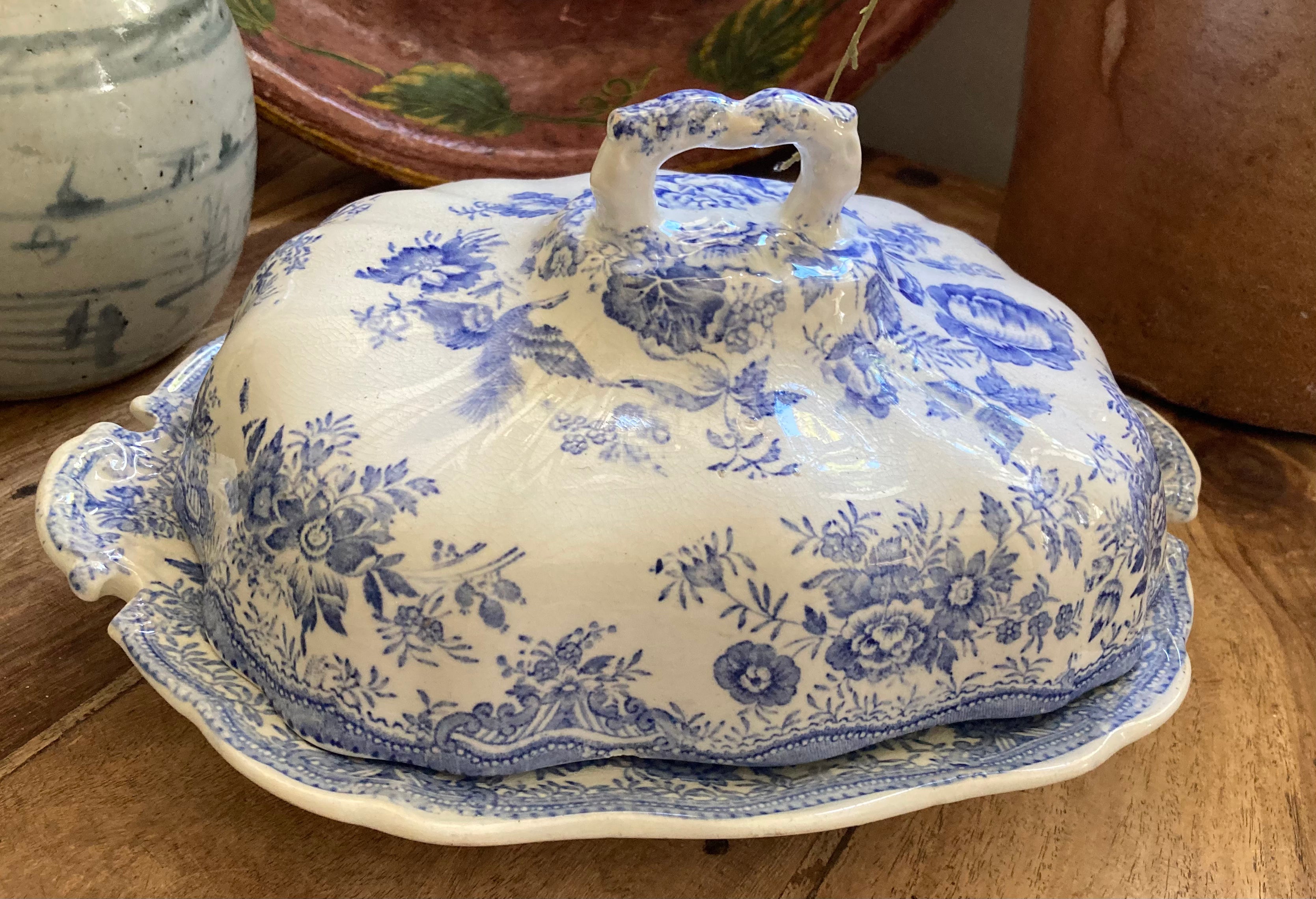 Traditional English Blue & White Transferware Lidded Serving Dish / Platter / Plate