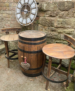 Reclaimed Vintage Solid Oak Jack Daniels Whiskey Barrel Bar / Table & 2 Barrel Top Stools
