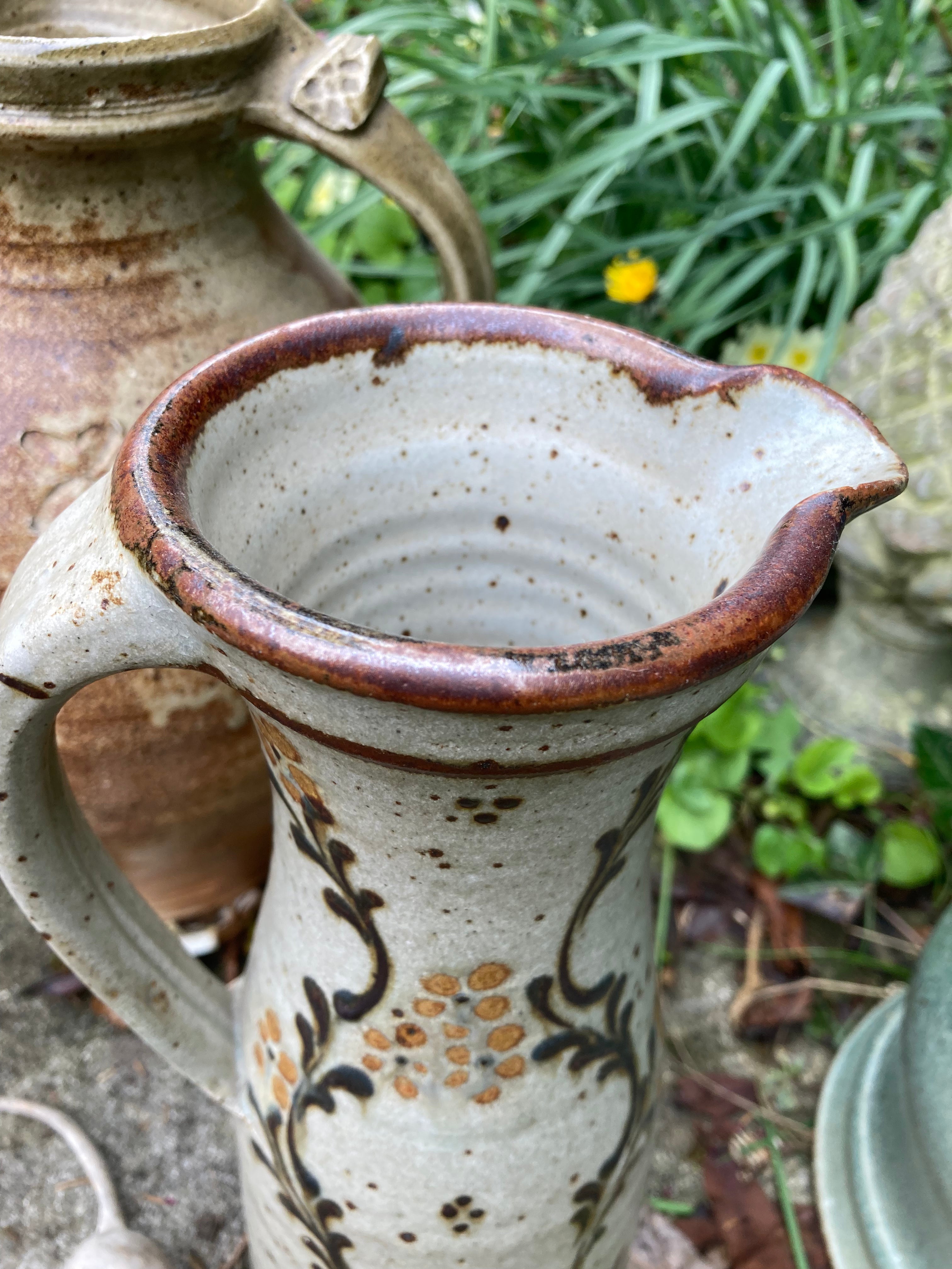 Studio Art Pottery Jug John Calver Rustic Colours, Flowers & Foliage (Middle Jug)