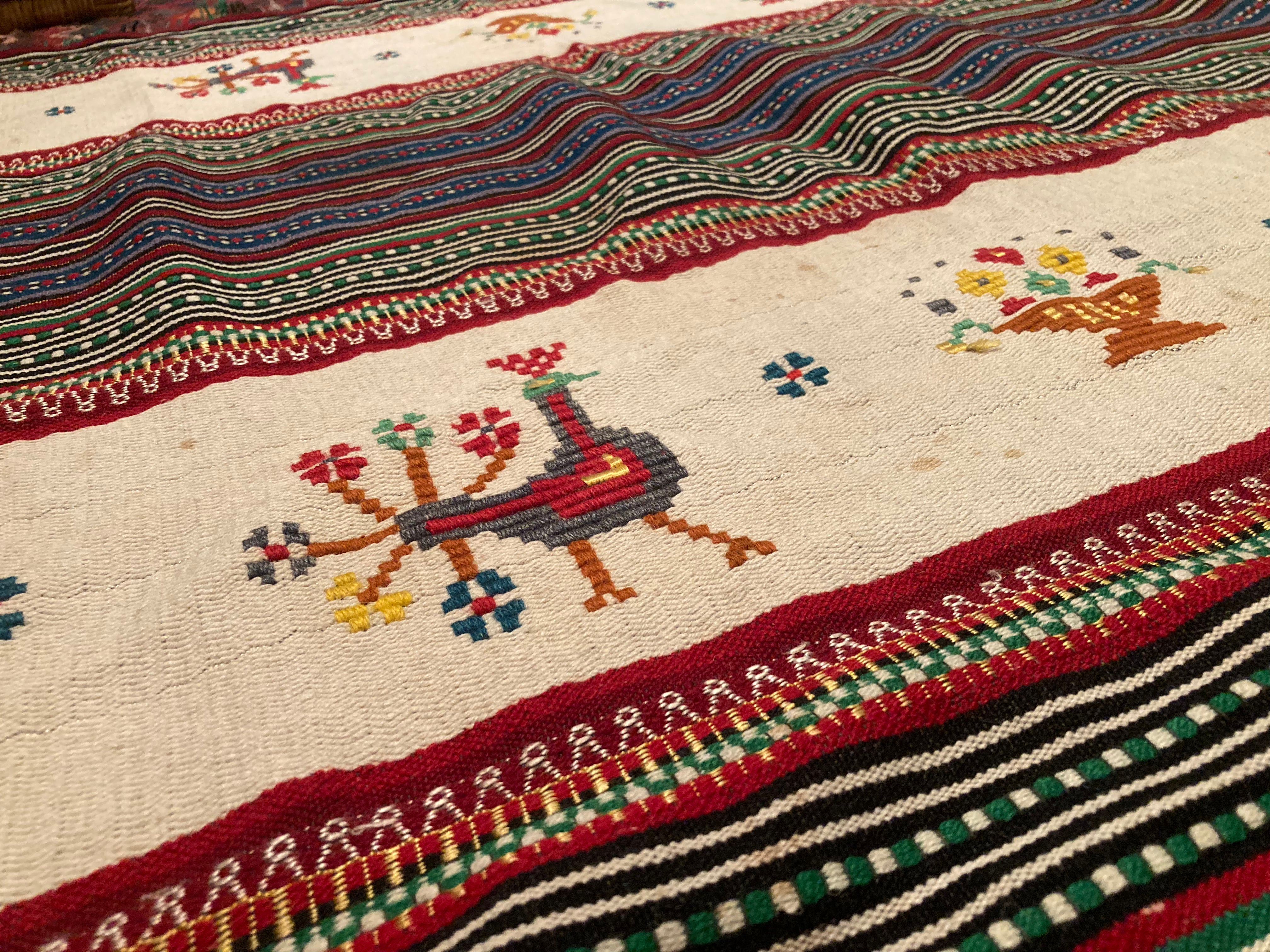 Folk Art Small Peacock Hand Woven Kilim Rug Wool & Silk circa 50yrs of age ..