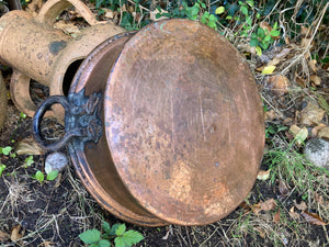 Large Antique Victorian Copper Two Handled Preserve Pot / Pan Iron Hand Forged Riveted Handles