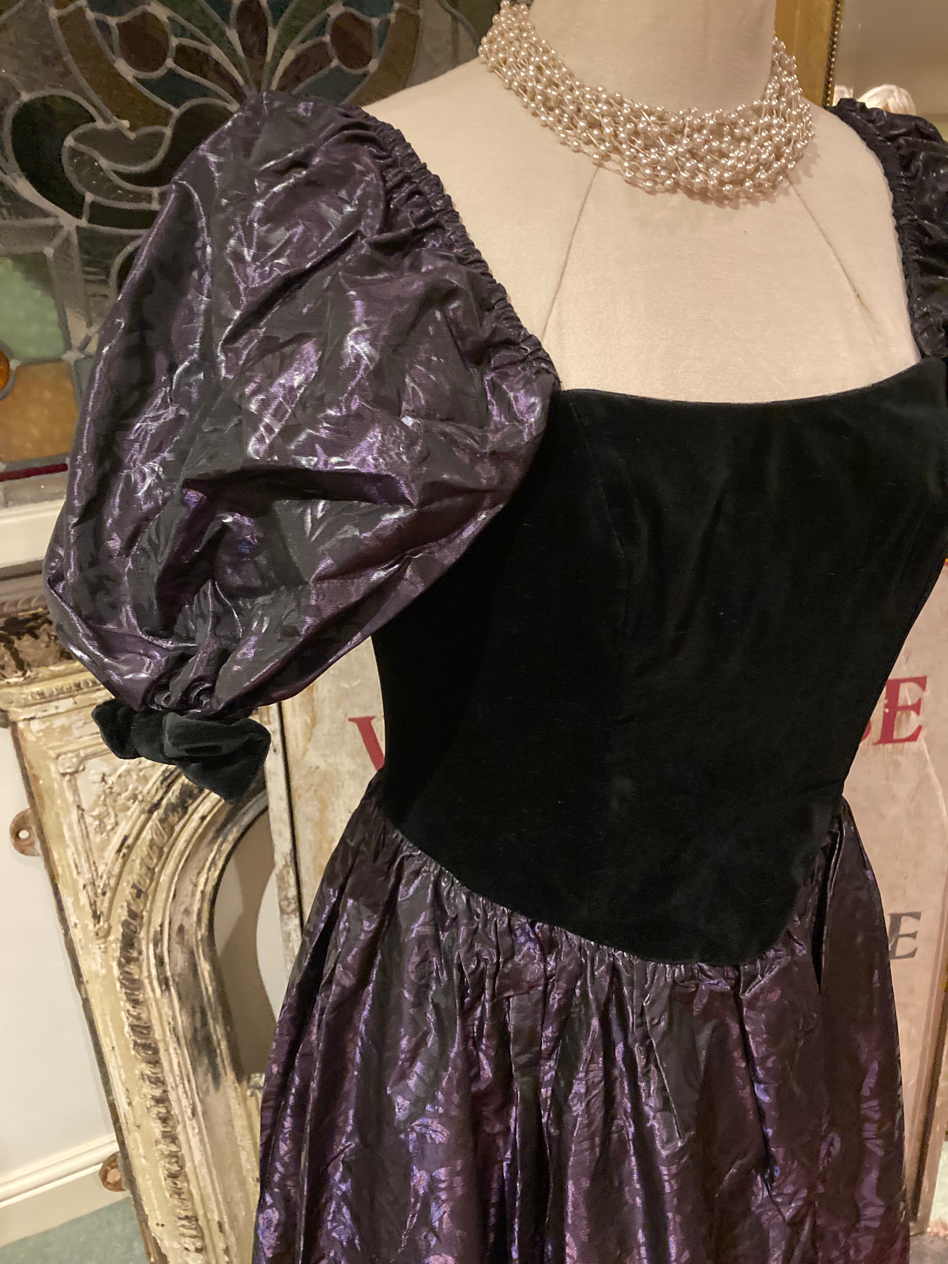 Laura Ashley Ball Gown Dress Party Glam Rock Vintage Taffeta Black Purple Velvet
