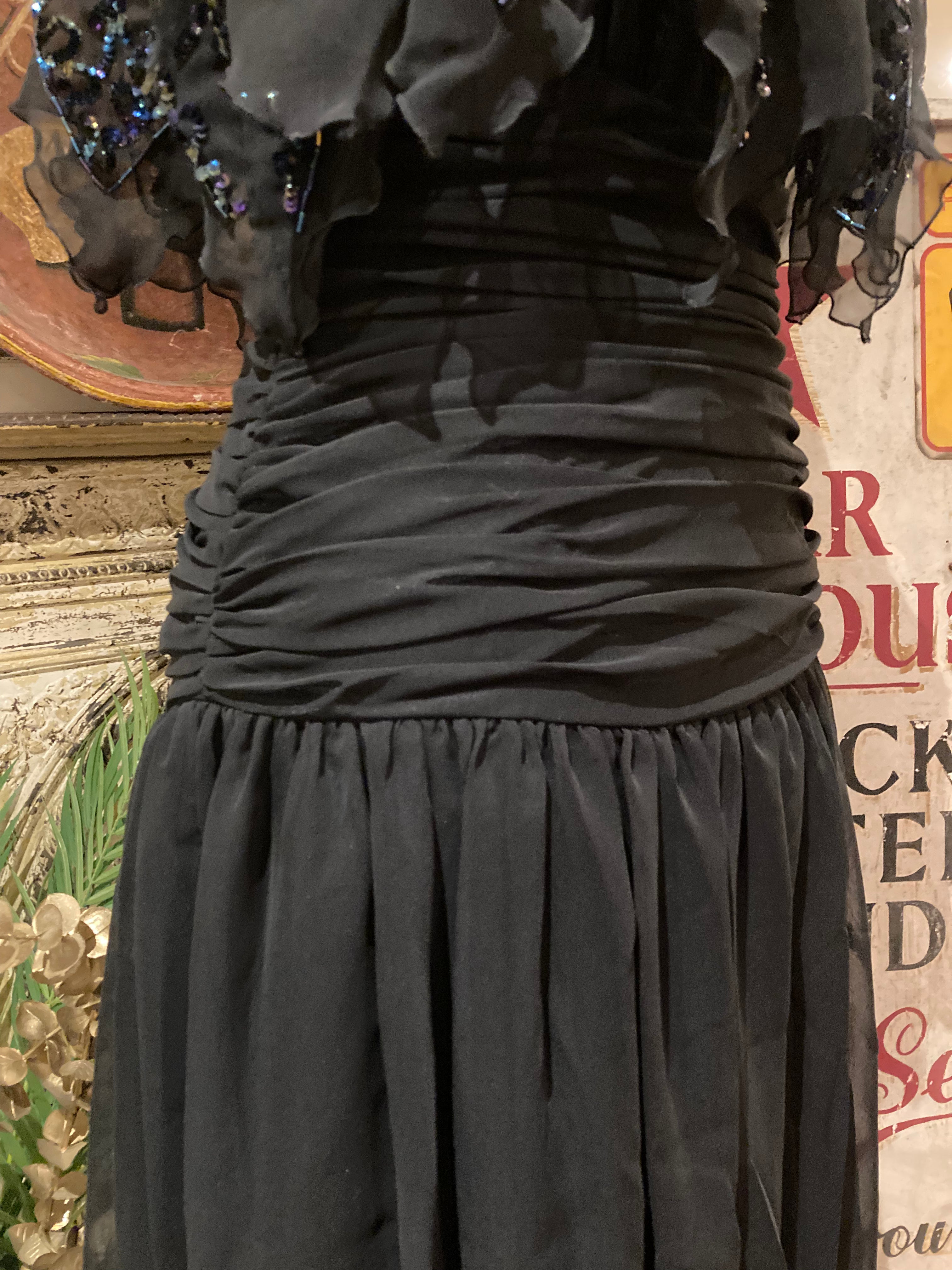 Stunning Black Chiffon Sequinned Long Cocktail Party Evening Dress Vintage 1960’s by Papillon