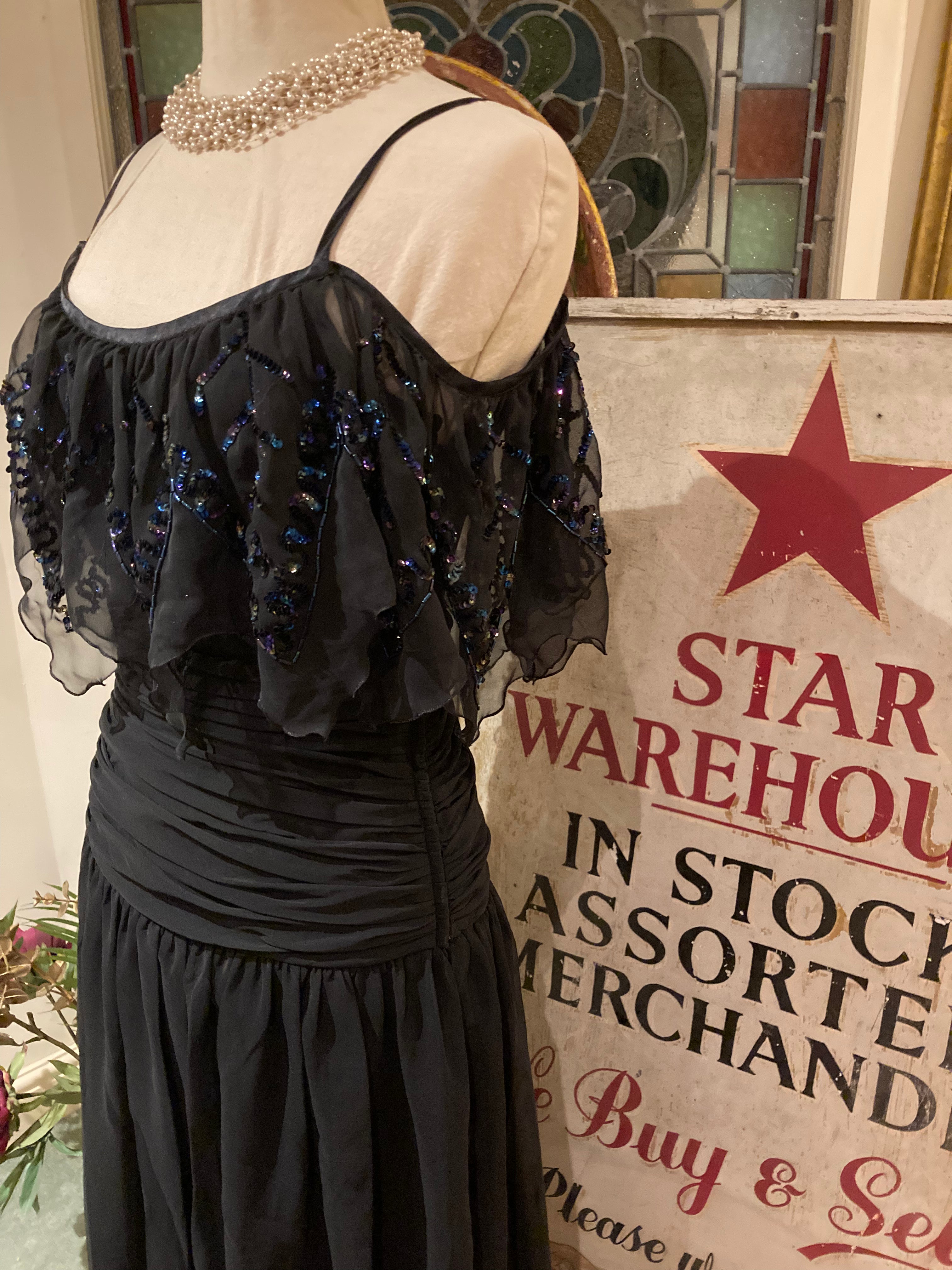 Stunning Black Chiffon Sequinned Long Cocktail Party Evening Dress Vintage 1960’s by Papillon