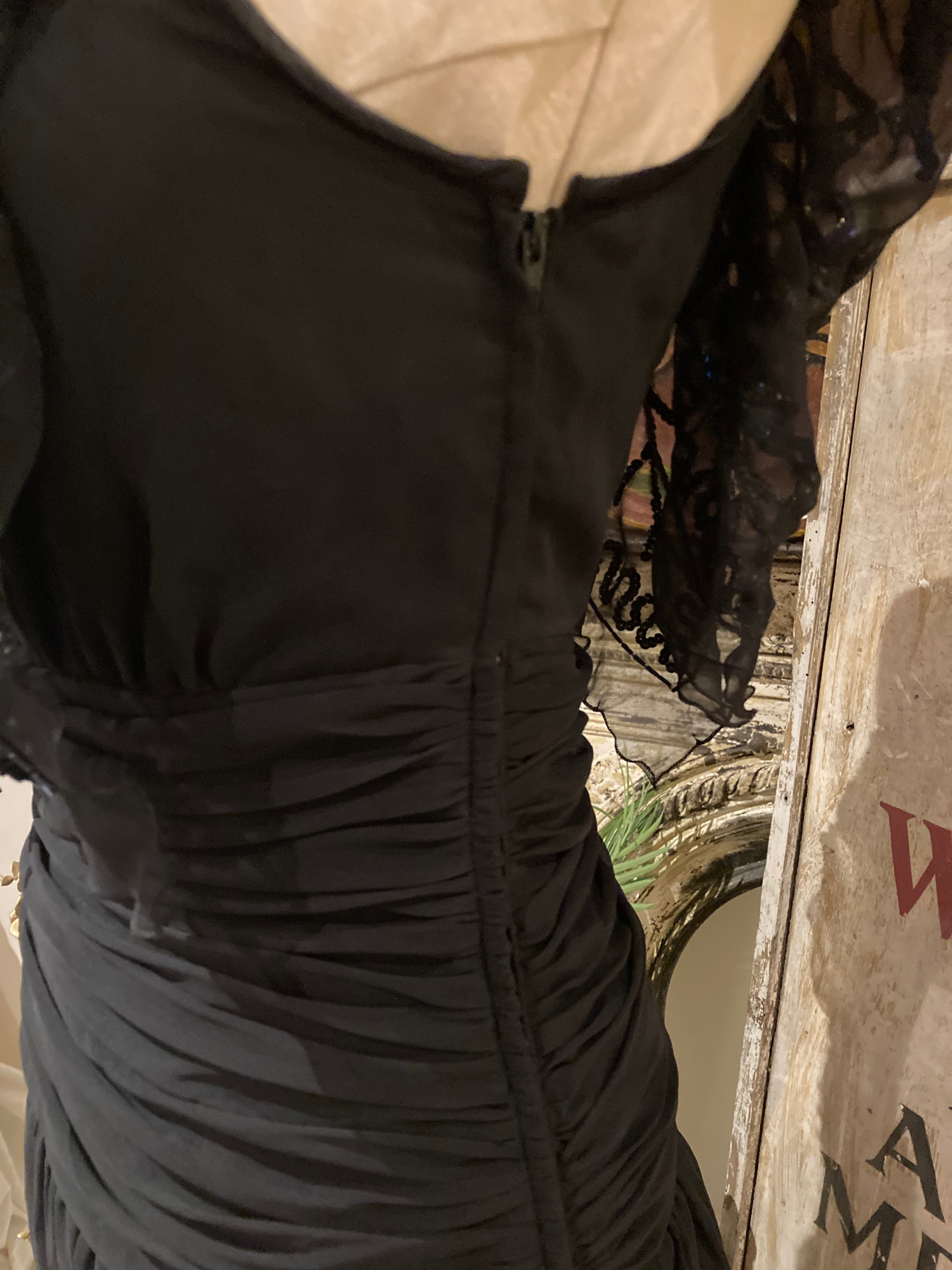 Stunning Black Chiffon Sequinned Long Cocktail Party Evening Dress Vintage 1960’s by Papillon